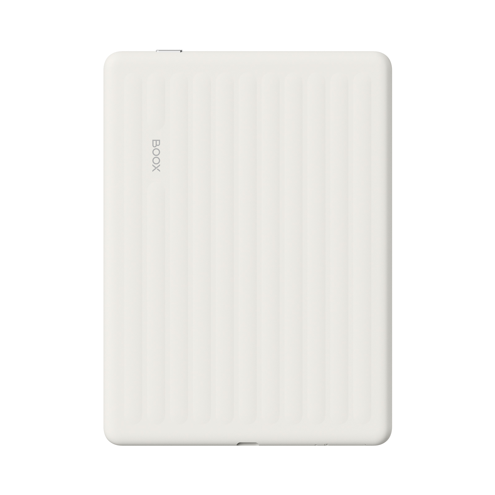 Ein weißes, geripptes E-Reader-Gerät mit dem BOOX-Logo.