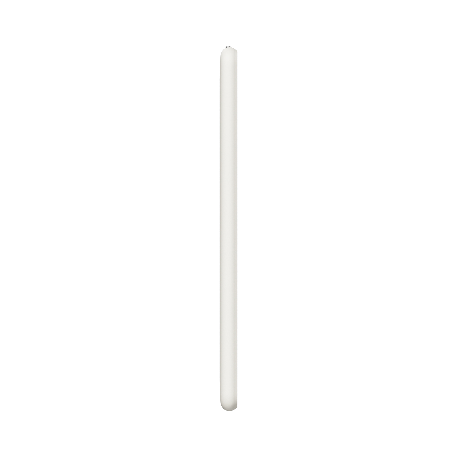 Ein einzelner weißer Stift mit einer silbernen Spitze auf weißem Hintergrund.