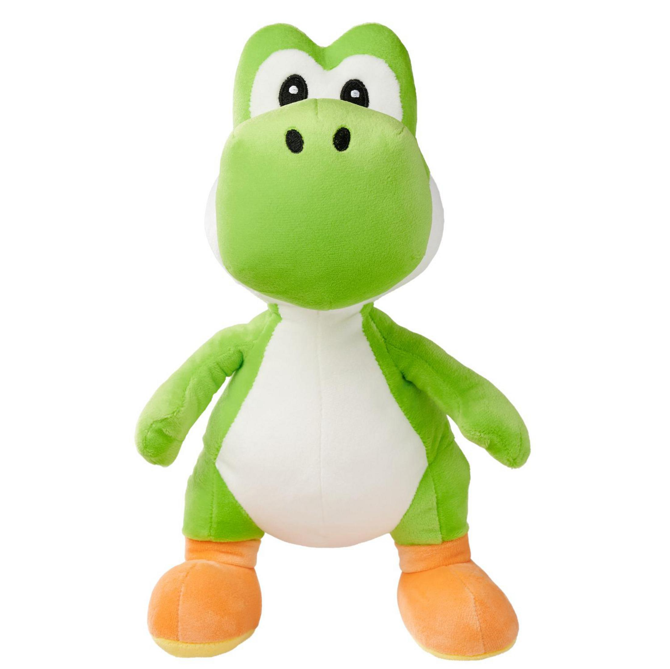 Ein grüner Yoshi-Plüsch mit weißem Bauch und orangen Schuhen steht frontal.