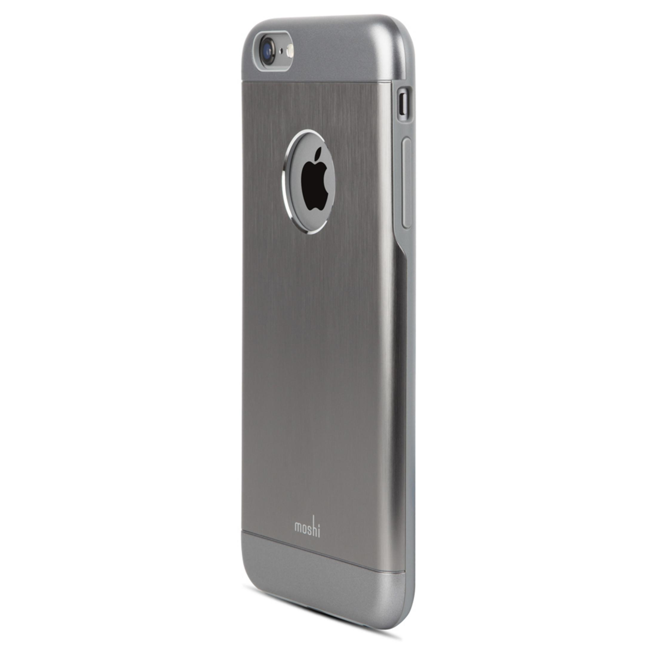 Graue iPhone-Hülle mit gebürsteter Metalloberfläche und Apple-Logo.