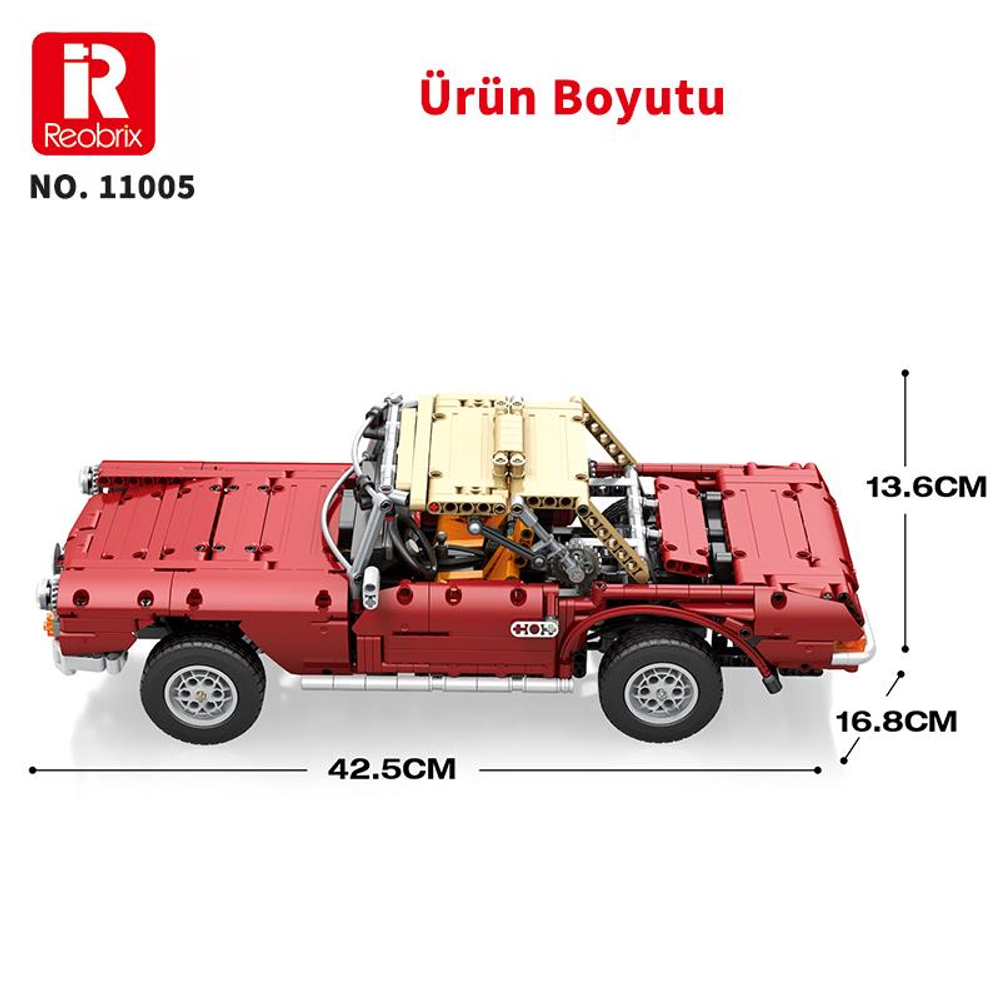 Kırmızı yapı taşı pickup, boyutlar: 42,5 cm U, 13,6 cm Y, 16,8 cm G.