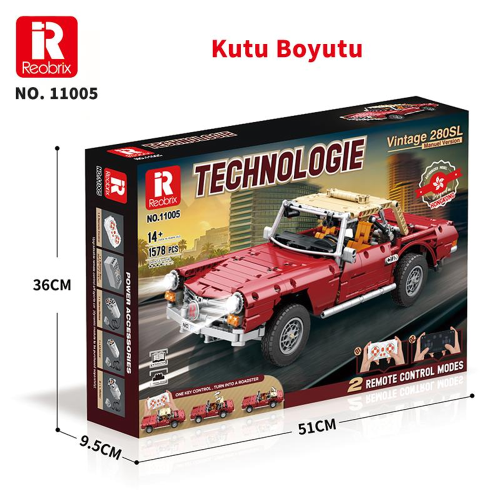 Üzerinde "Technologie" yazan kırmızı klasik araba modelinin kutusu.