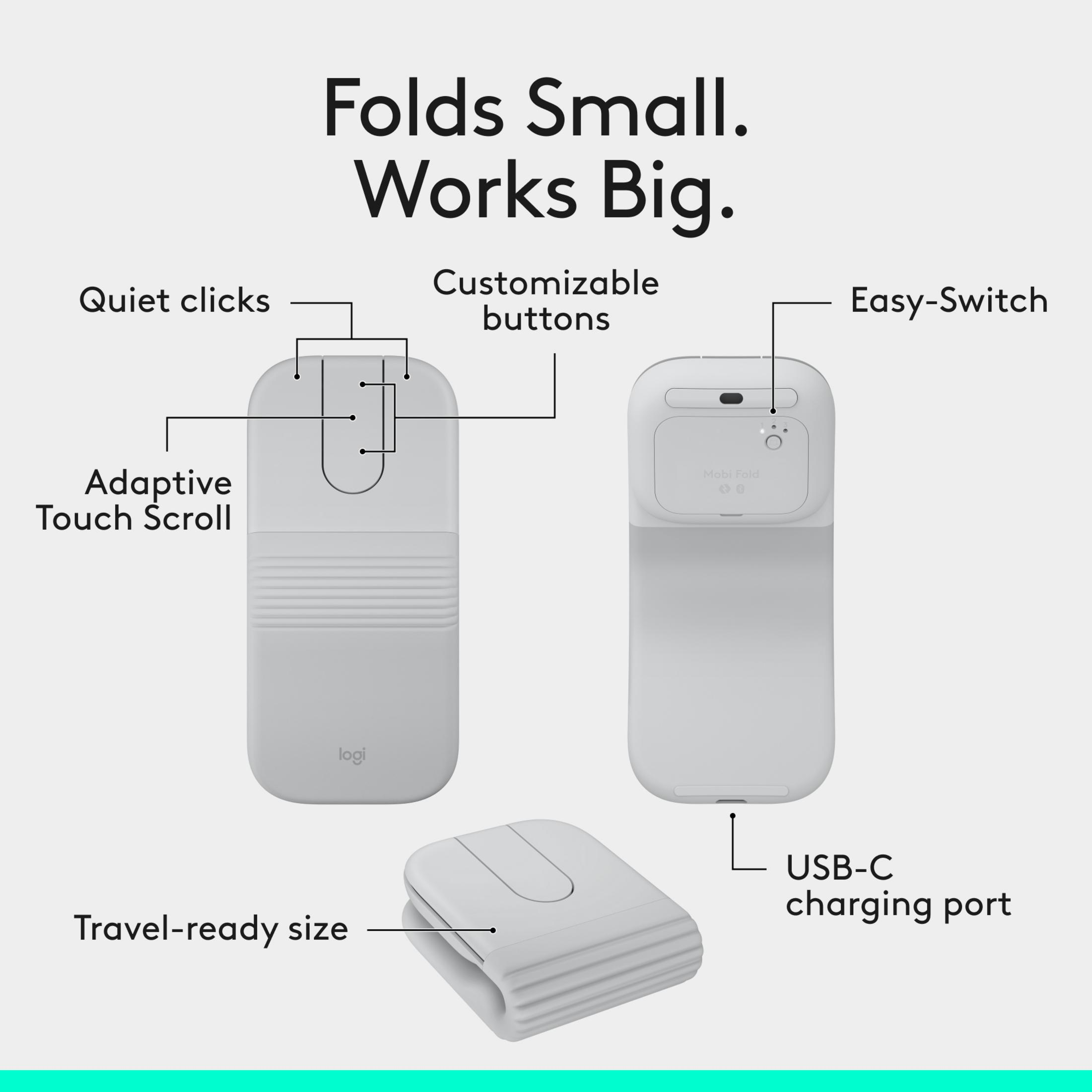 Un layout di mouse Logitech bianco che mostra funzioni come clic silenziosi, ricarica USB-C.
