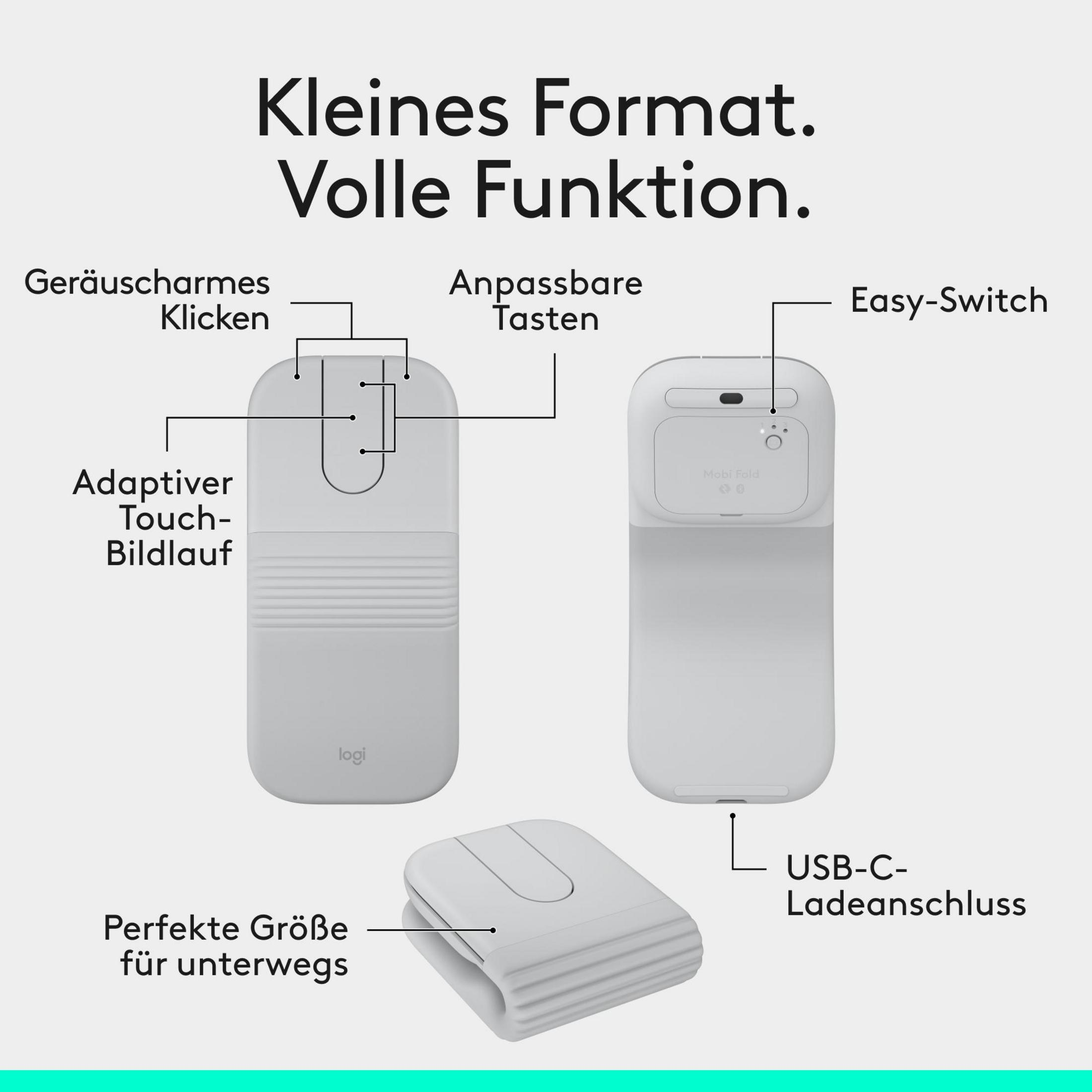 Mouse Logitech bianco con etichette: clic silenzioso, scroll touch, USB-C. Piccolo.