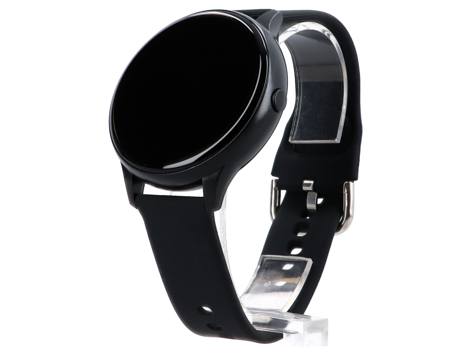 Czarny smartwatch z okrągłym, czarnym ekranem i silikonowym paskiem.