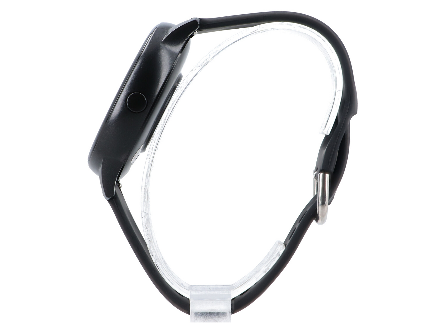 Czarny smartwatch z czarnym paskiem silikonowym, na przezroczystym stojaku.