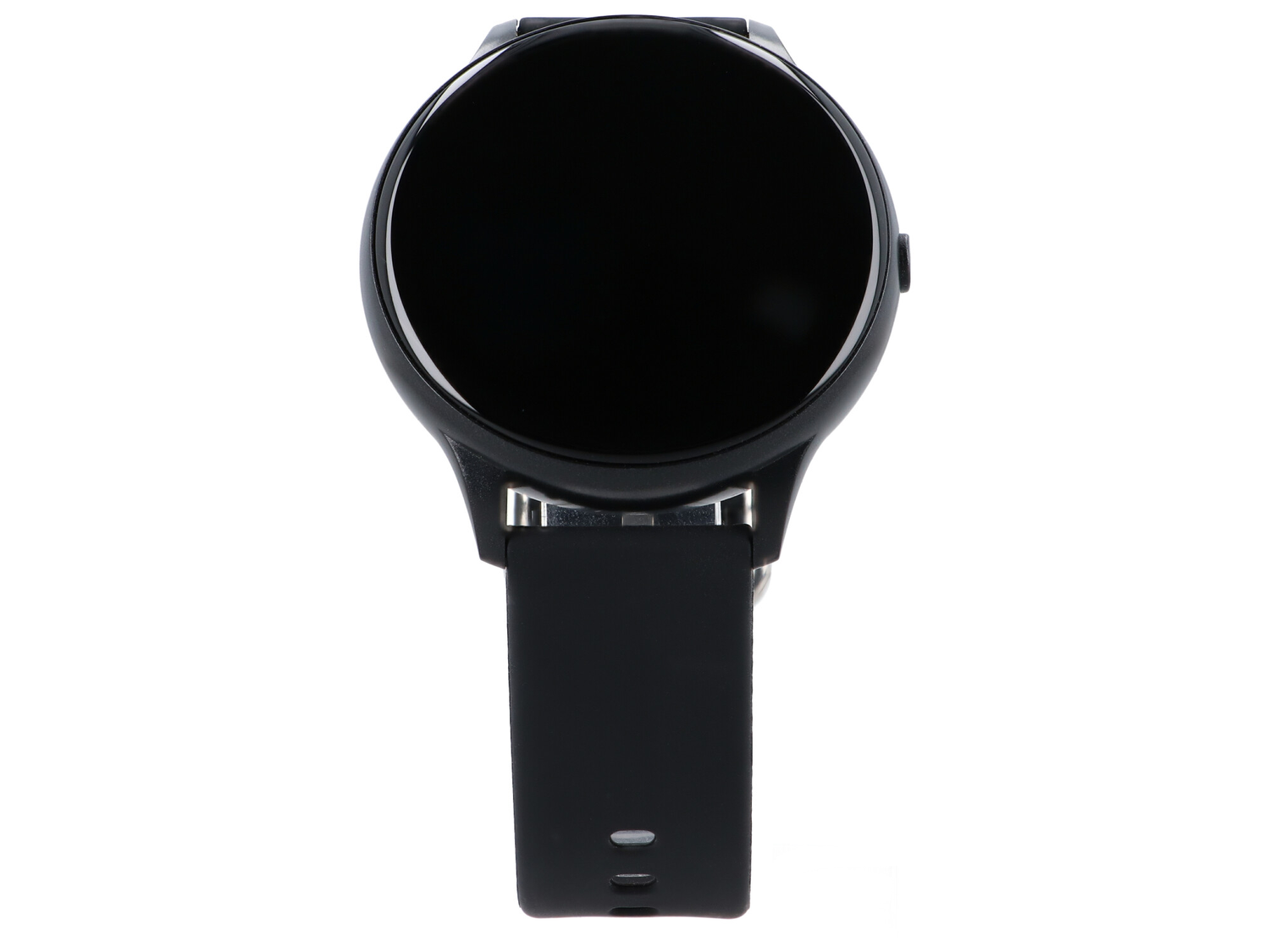 Czarny smartwatch z okrągłym wyświetlaczem i czarnym paskiem.