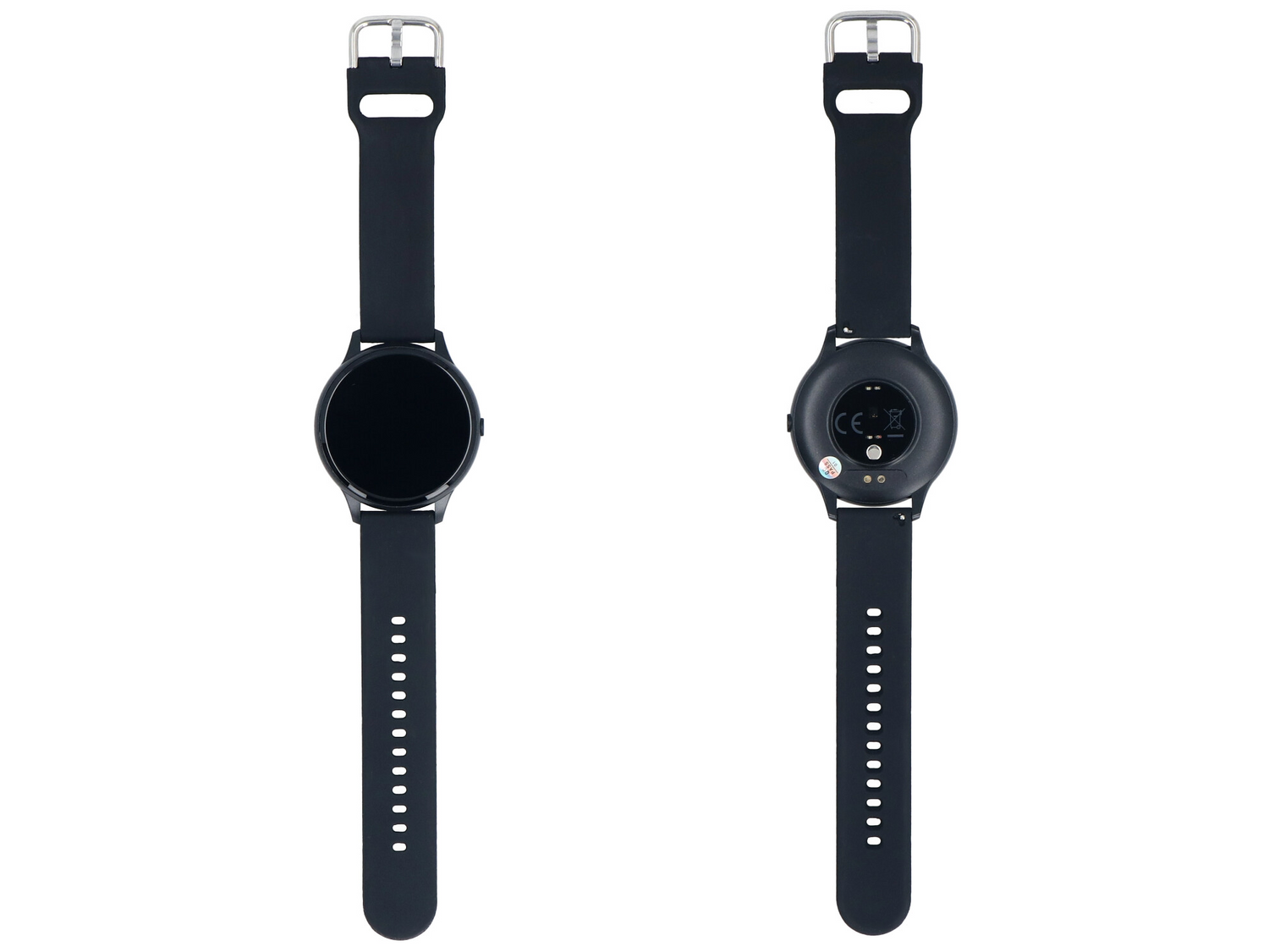 Czarny smartwatch z silikonowym paskiem, widok z przodu i z tyłu.