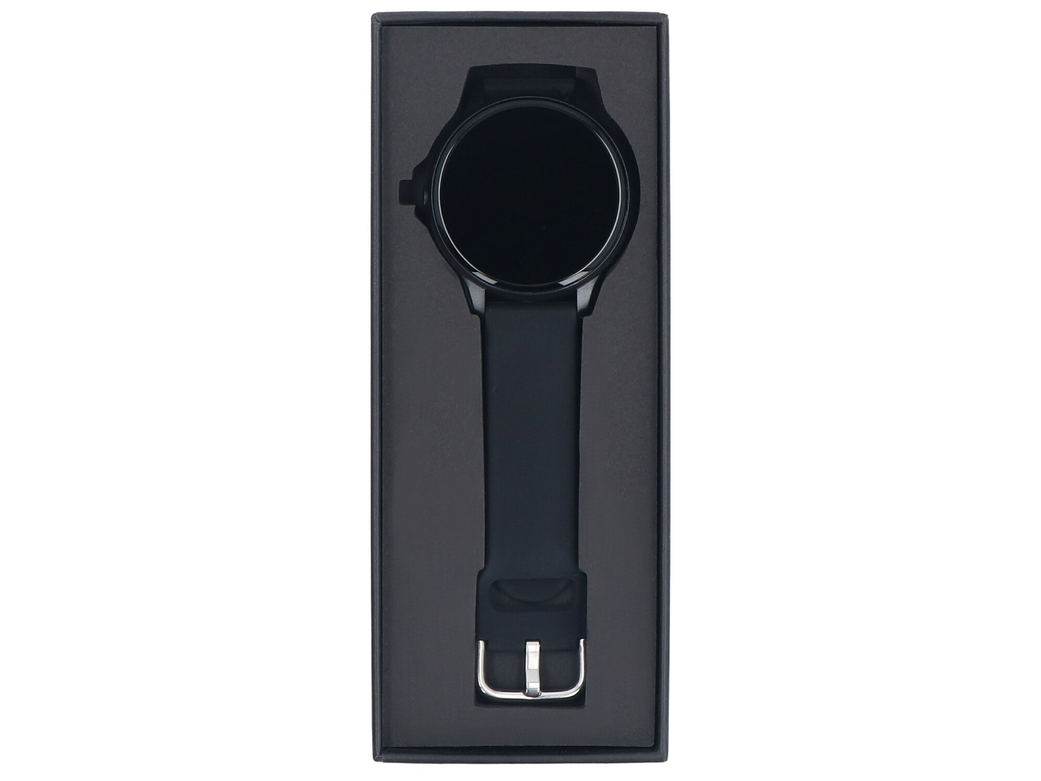 Czarny smartwatch z czarnym paskiem w czarnym pudełku.