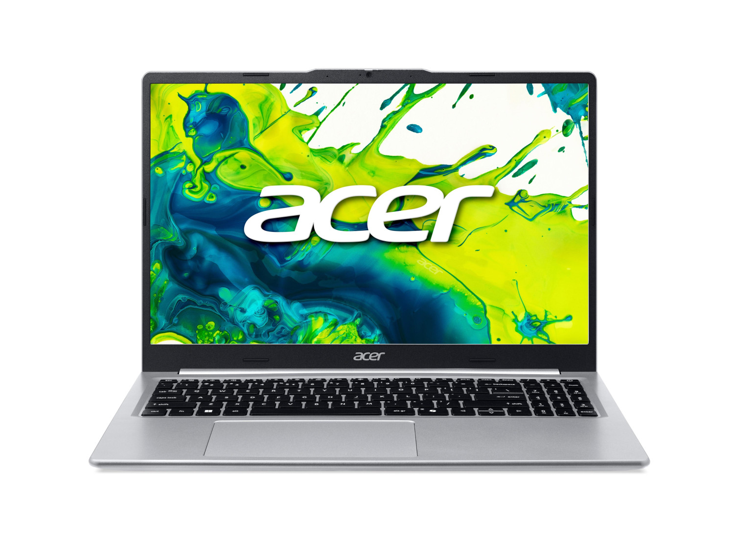Un laptop Acer argentato con sfondo colorato a schizzi di vernice e logo Acer.