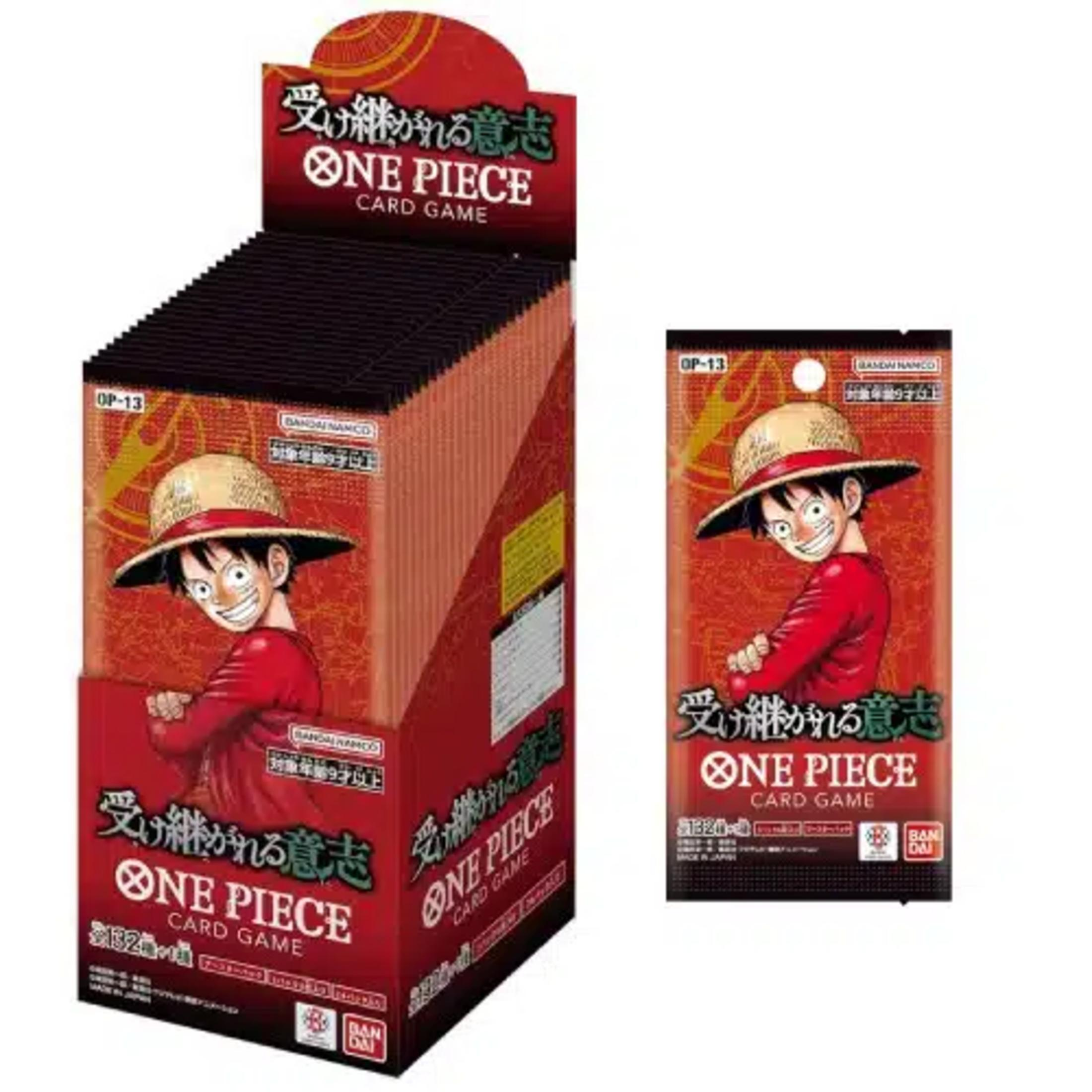 Ein Kartenspiel-Display und eine einzelne Packung von One Piece mit Luffy.
