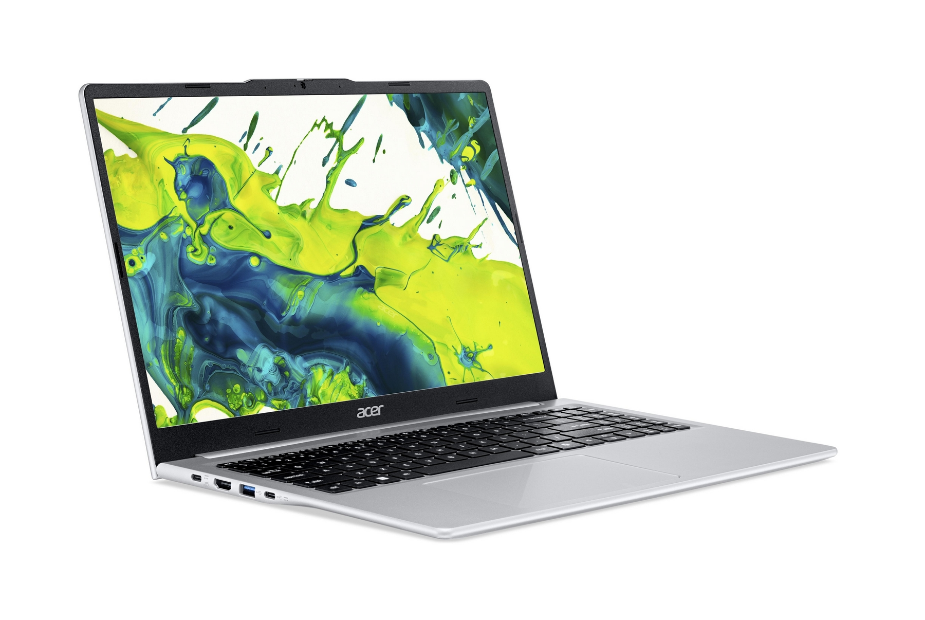 Un laptop Acer argentato con uno sfondo astratto e colorato.