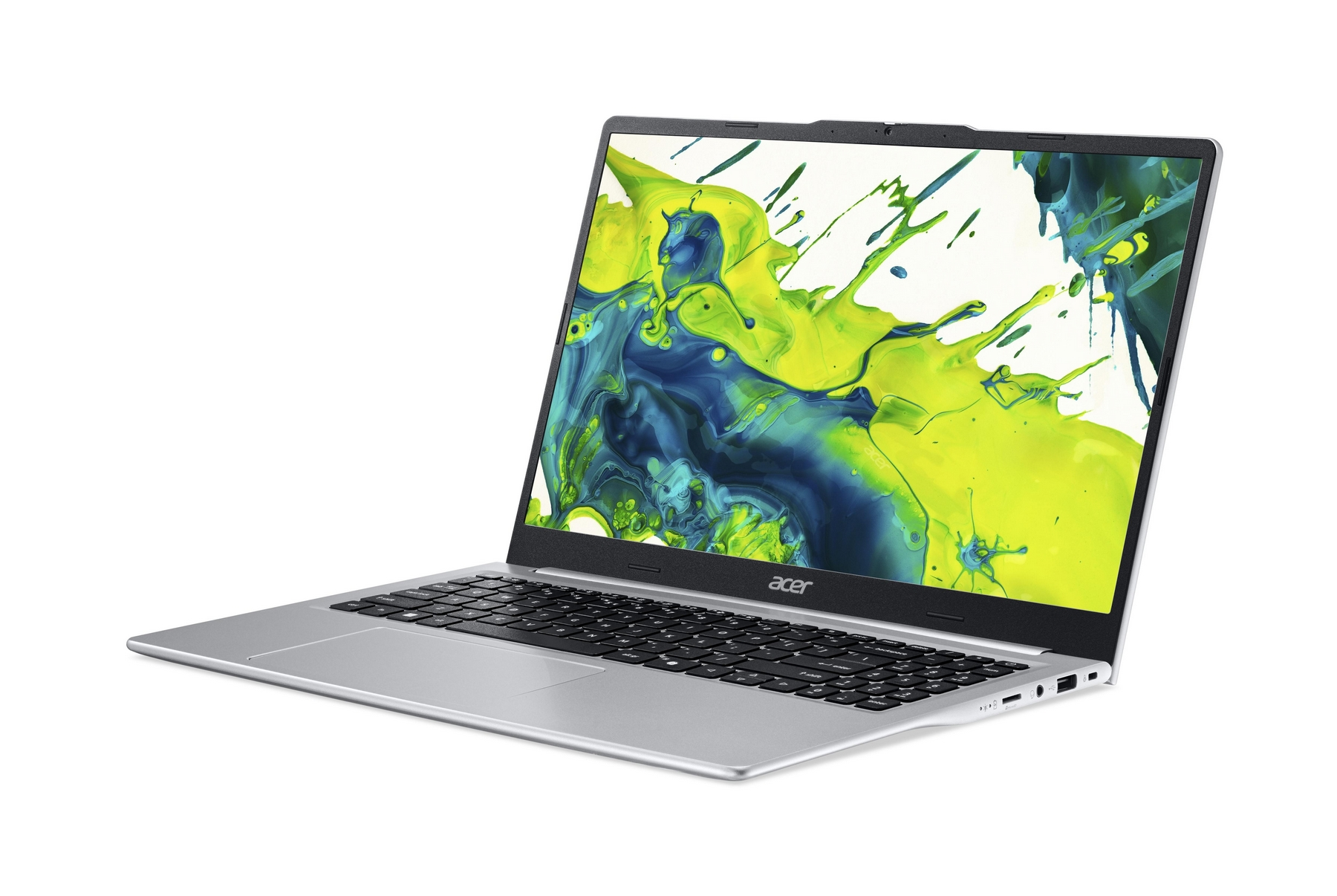 Un laptop Acer argentato con uno sfondo astratto e colorato sullo schermo.