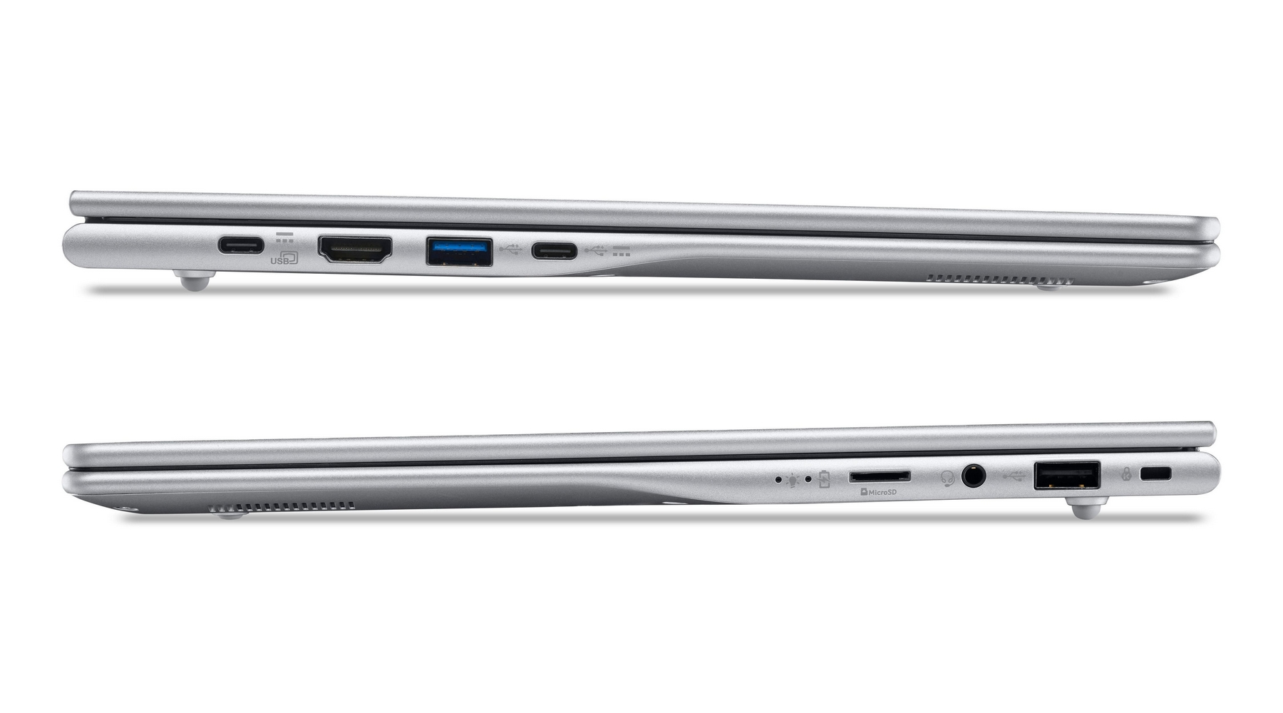 Laptop argentato che mostra le porte: USB-C, HDMI, USB-A e lettore di schede MicroSD.