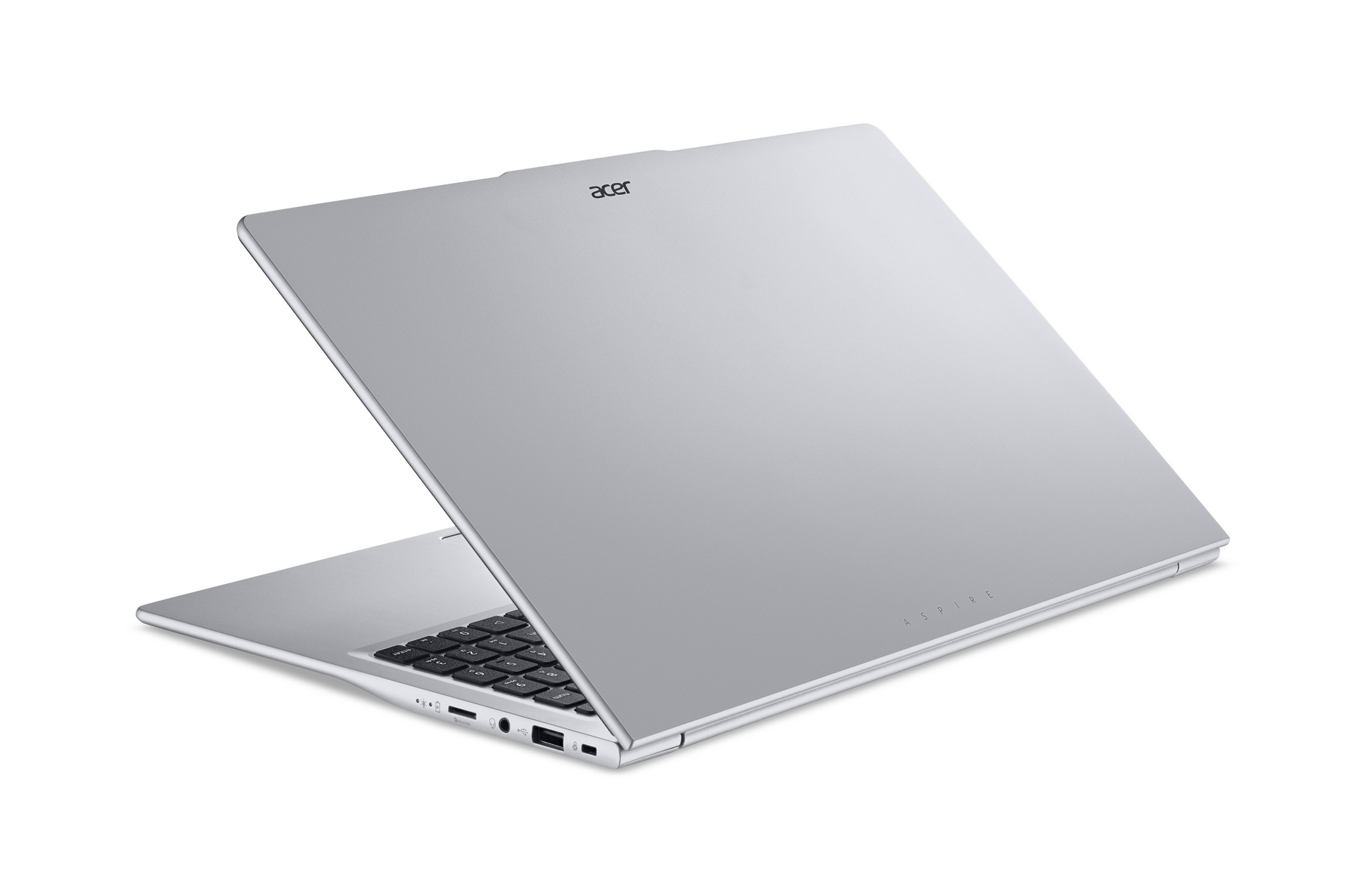 Laptop Acer argentato con tastiera e porte visibili.