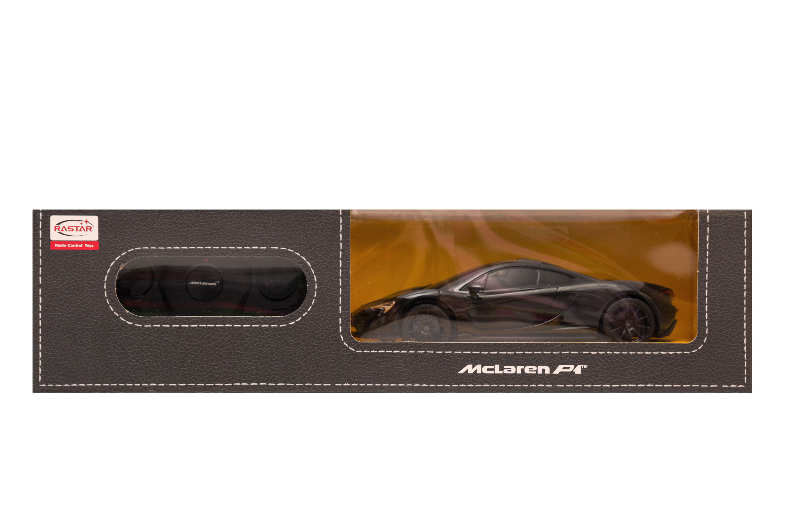 Czarny samochód zabawkowy McLaren P1 w pudełku z logo Rastar.