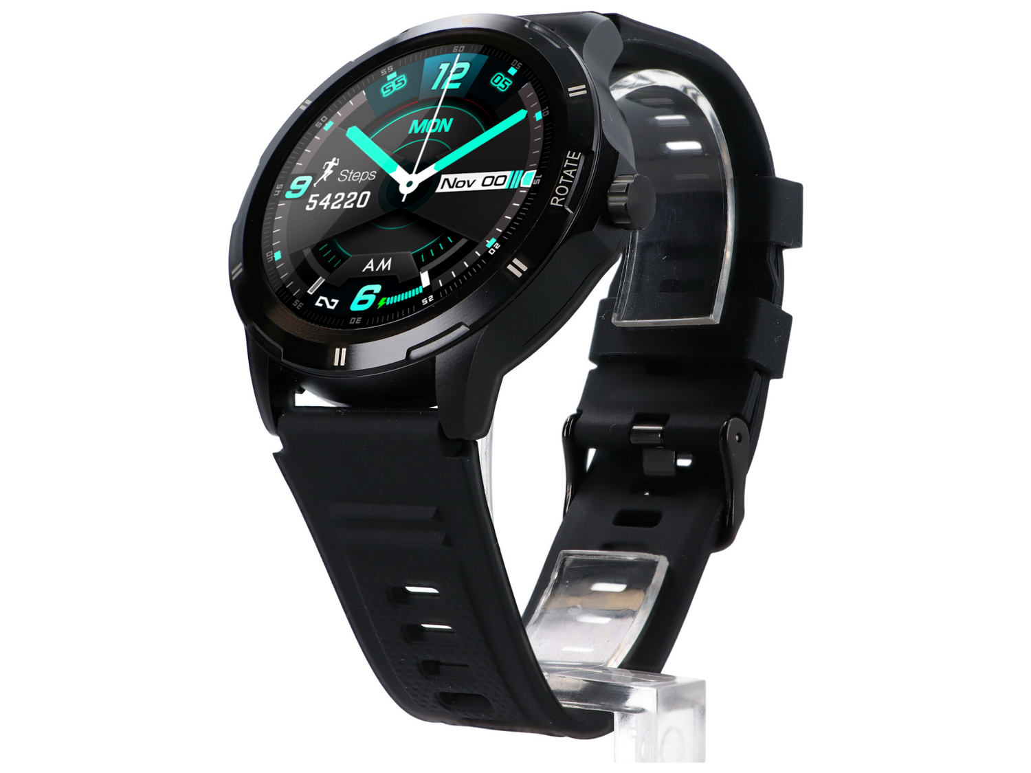 Czarny smartwatch z turkusowym wyświetlaczem cyfrowym pokazującym kroki i datę.