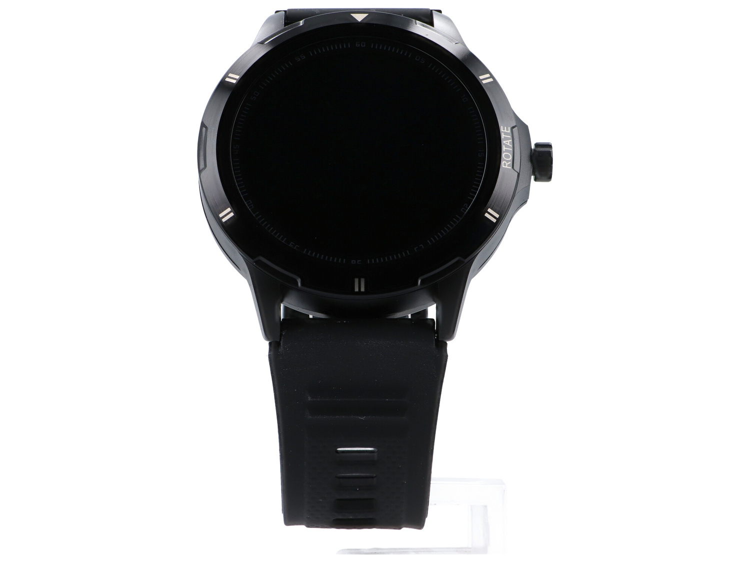 Czarny smartwatch z okrągłym czarnym wyświetlaczem i czarnym paskiem.