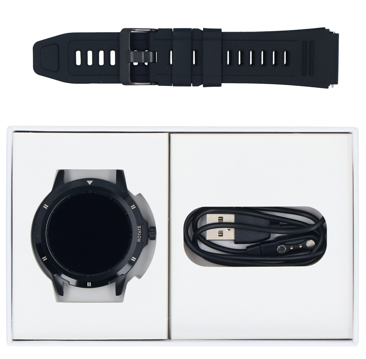 Czarny smartwatch z czarnym paskiem i kablem ładującym w białym pudełku.