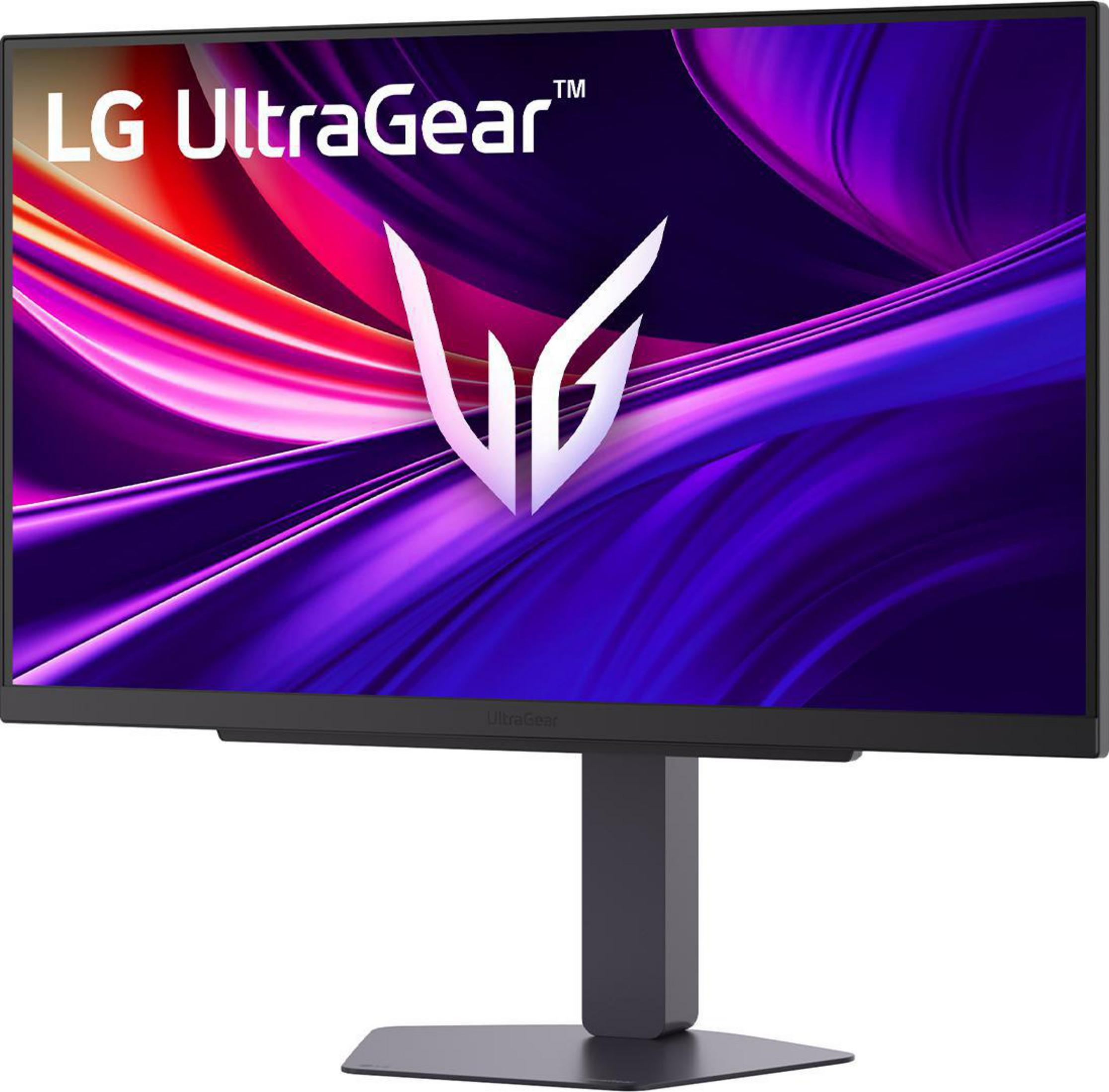 Ein LG UltraGear Monitor mit einem abstrakten Hintergrund aus lila und roten Wirbeln.