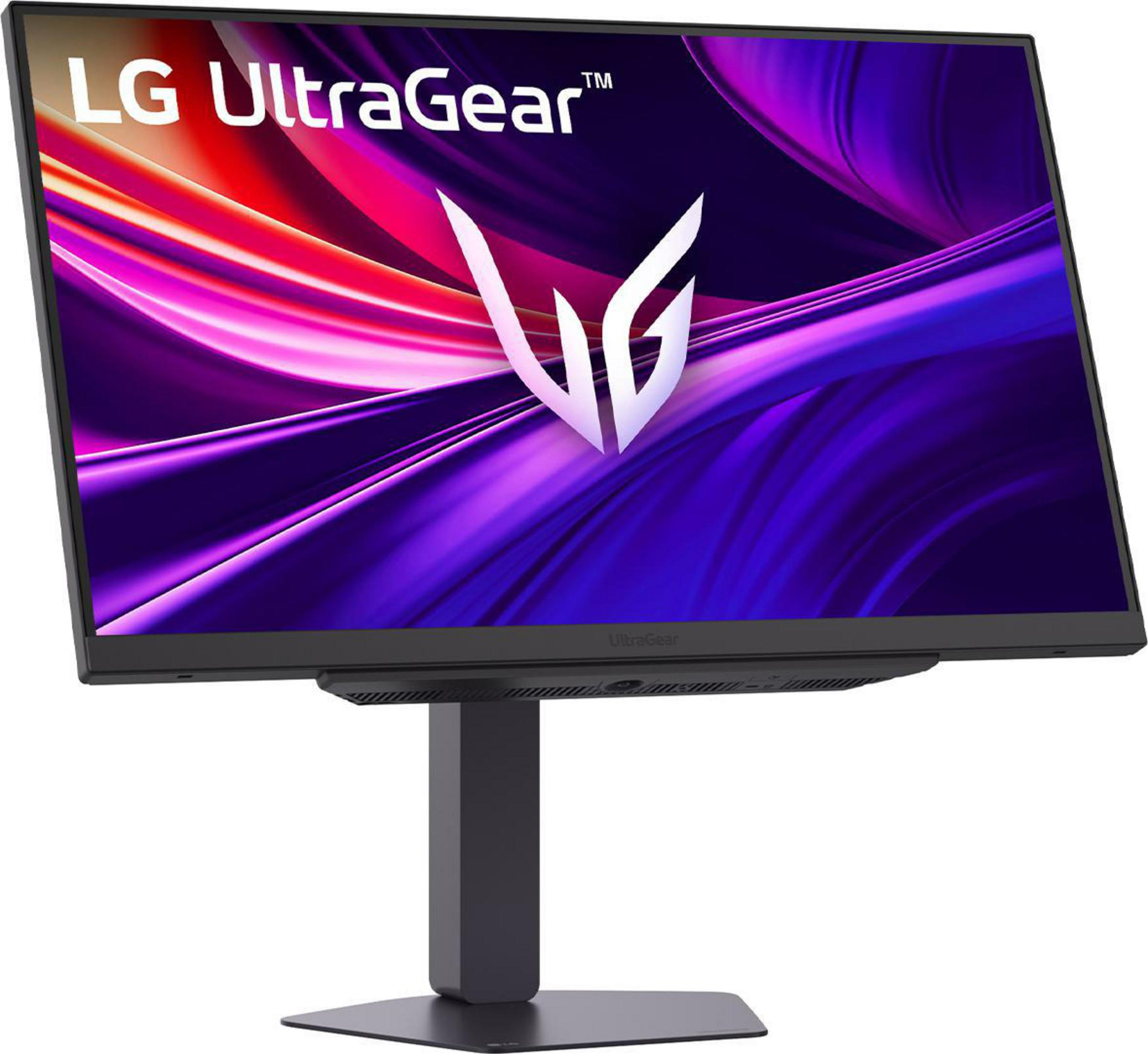 Ein LG UltraGear Gaming-Monitor mit einem abstrakten, bunten Hintergrund.