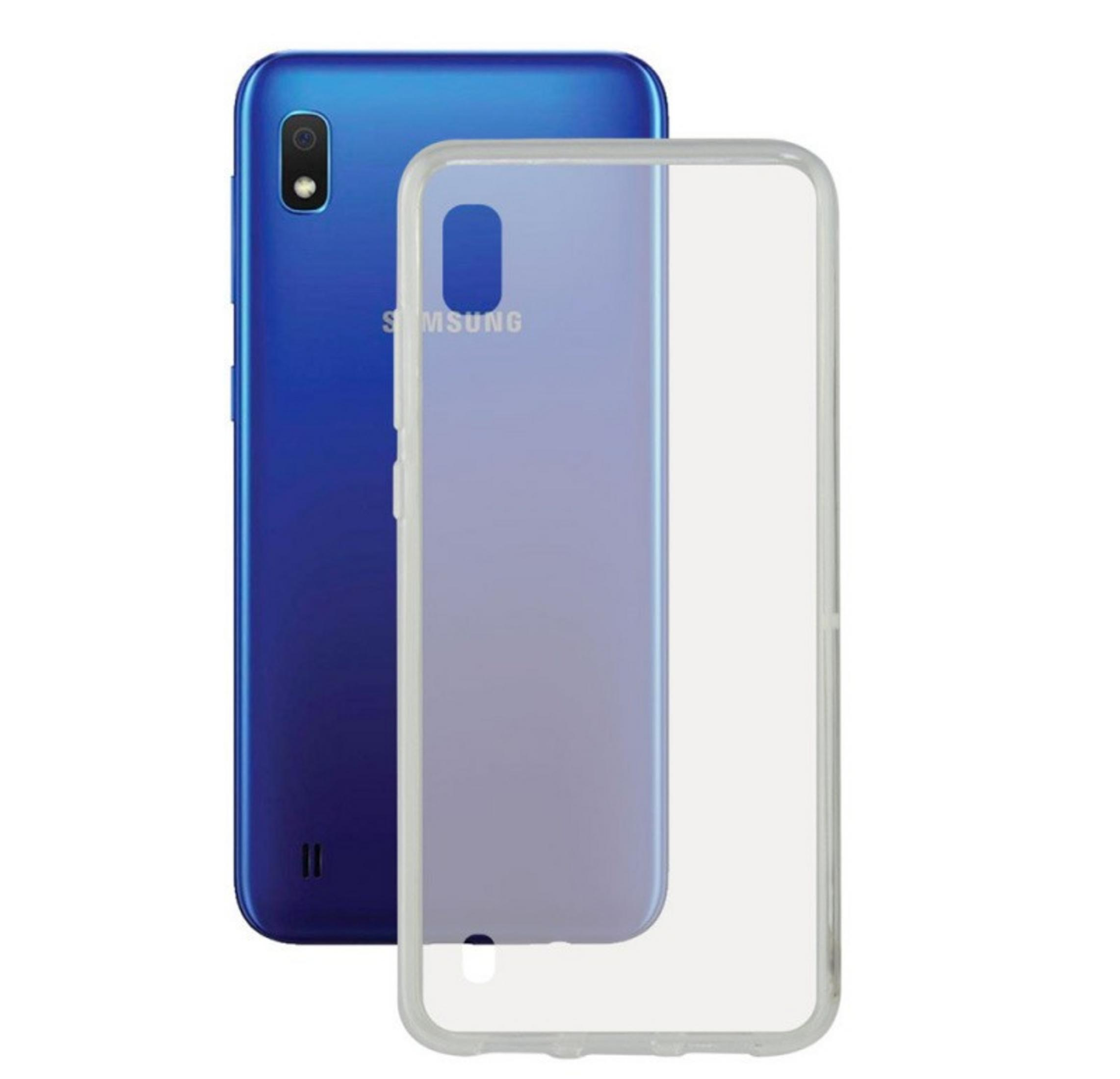 Ein blauer Samsung Handy liegt neben einer durchsichtigen Handyhülle.