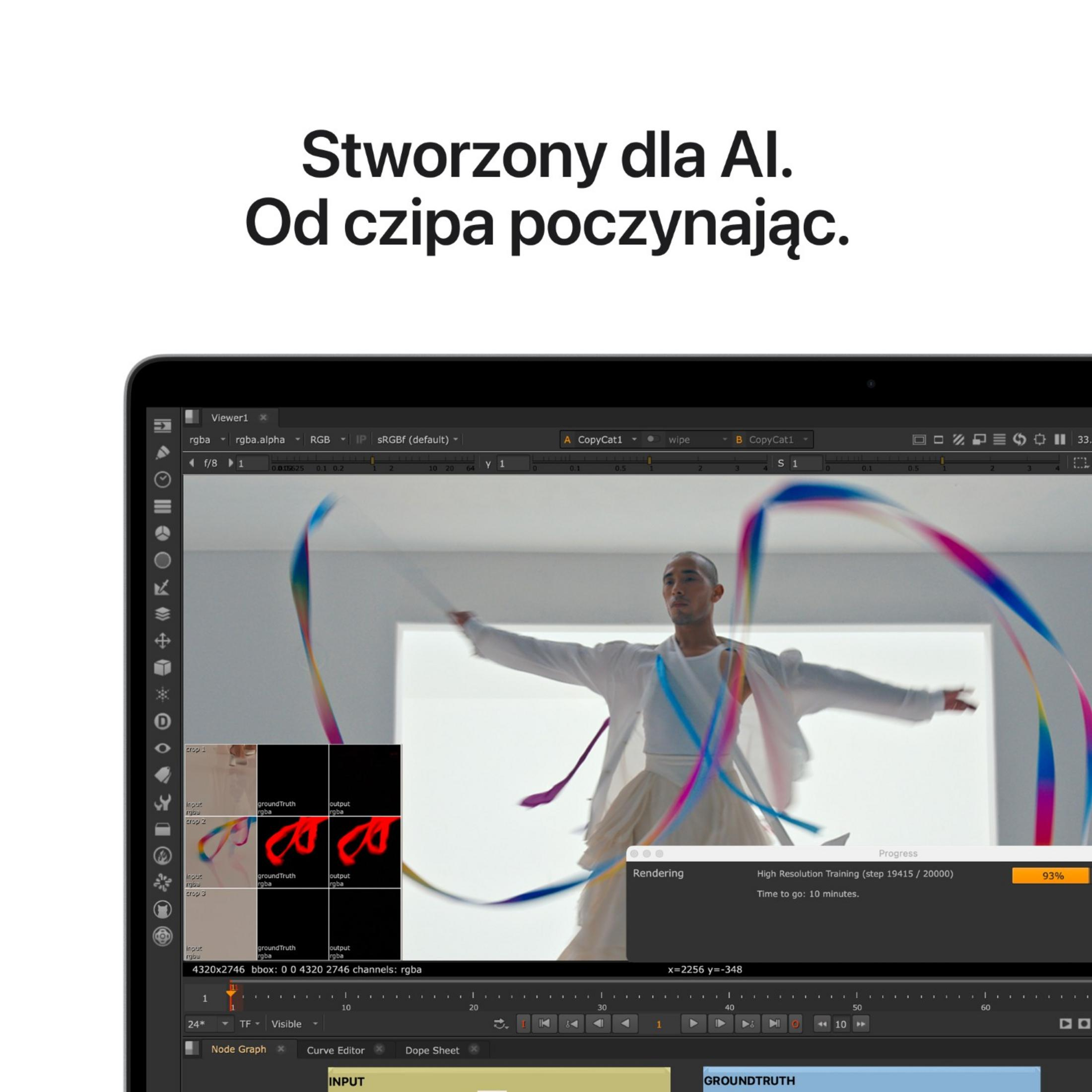 Uomo che balla con nastri colorati davanti a una finestra; interfaccia software in primo piano.