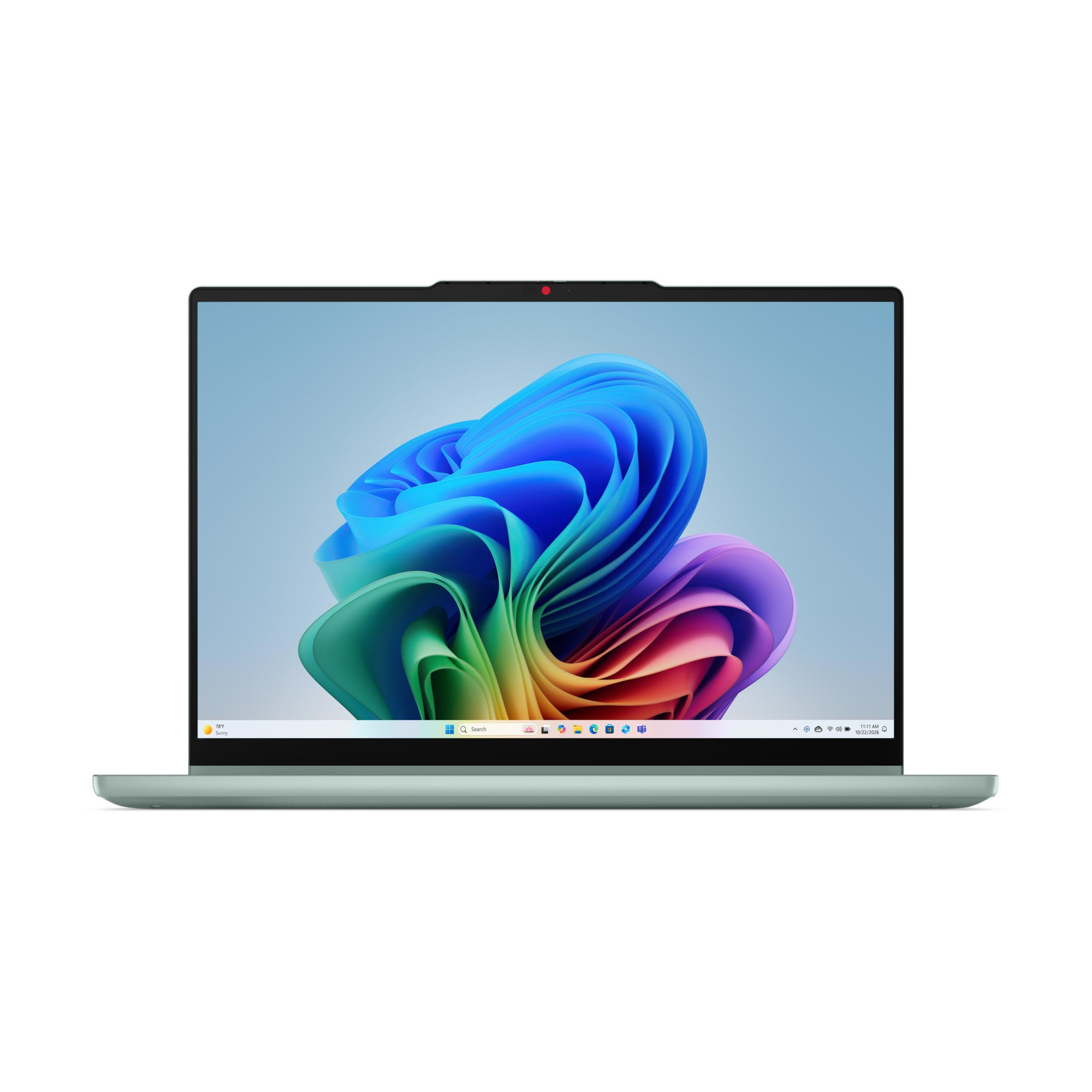 Ein Laptop mit einem bunten, wellenförmigen Hintergrundbild und einer roten Kameralampe.