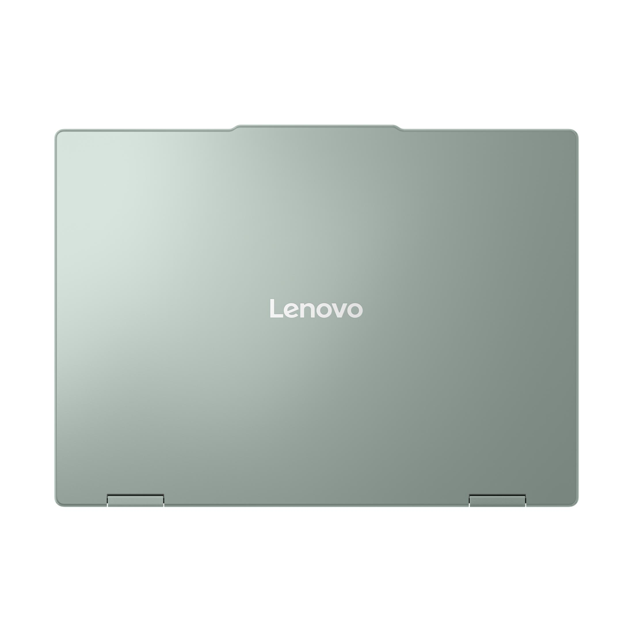 Geschlossener, hellgrüner Lenovo Laptop mit dem Logo in der Mitte.