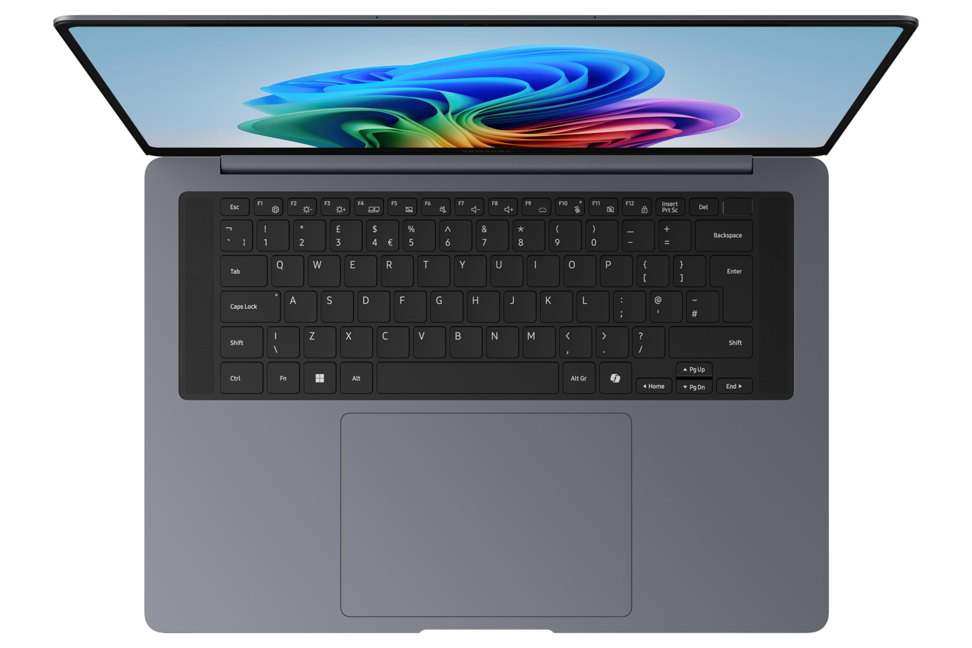 Ein graues Laptop mit geöffnetem Deckel und einem bunten Hintergrundbild auf dem Bildschirm.