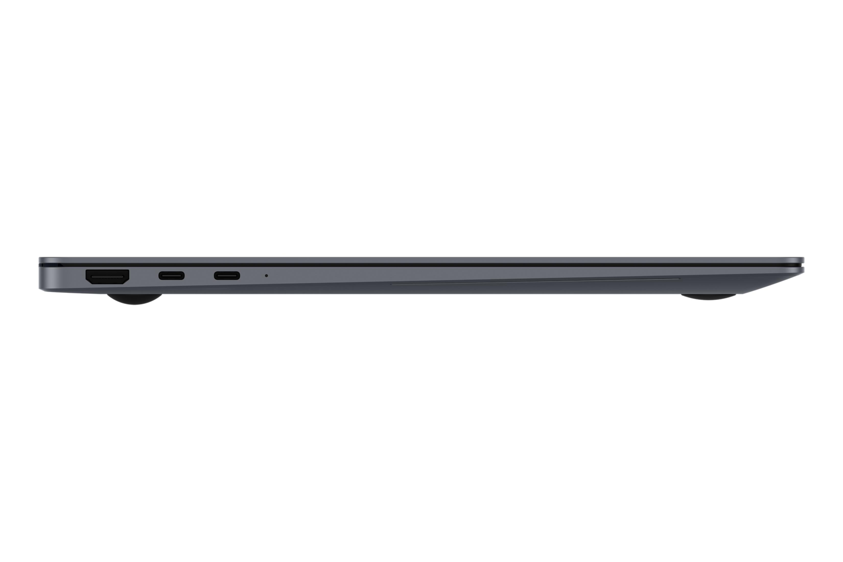 Seitenansicht eines geschlossenen dunkelgrauen Laptops mit Anschlüssen: HDMI, USB-C und ein weiterer USB-C.