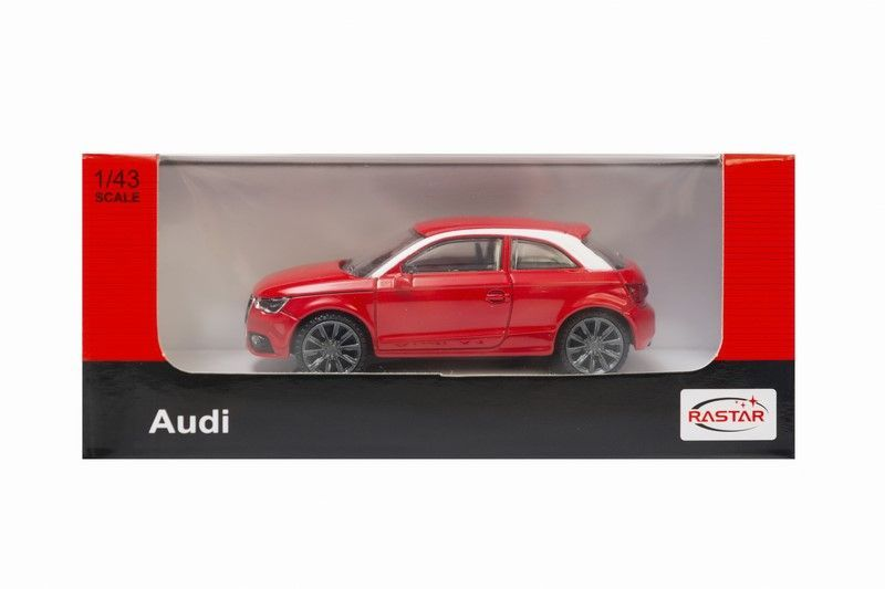 Czerwony samochódzik Audi z białym dachem w opakowaniu, skala 1:43.