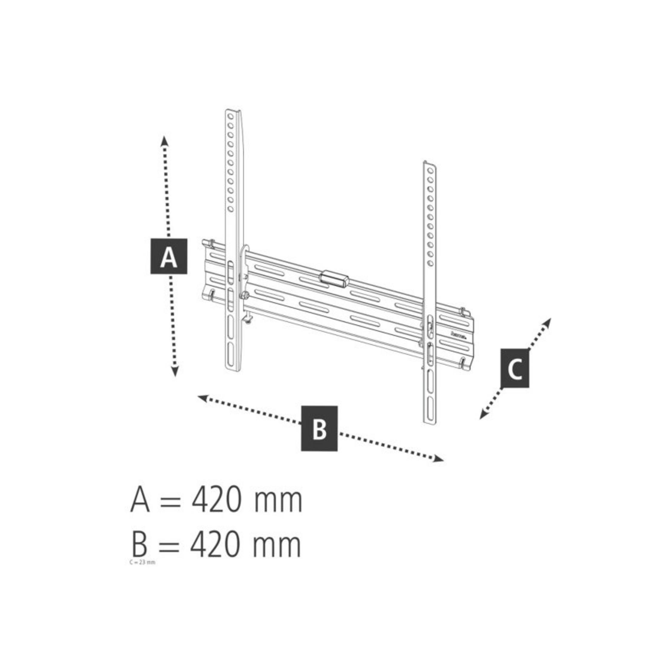 Un soporte de pared con medidas A=420mm, B=420mm y C=23mm.
