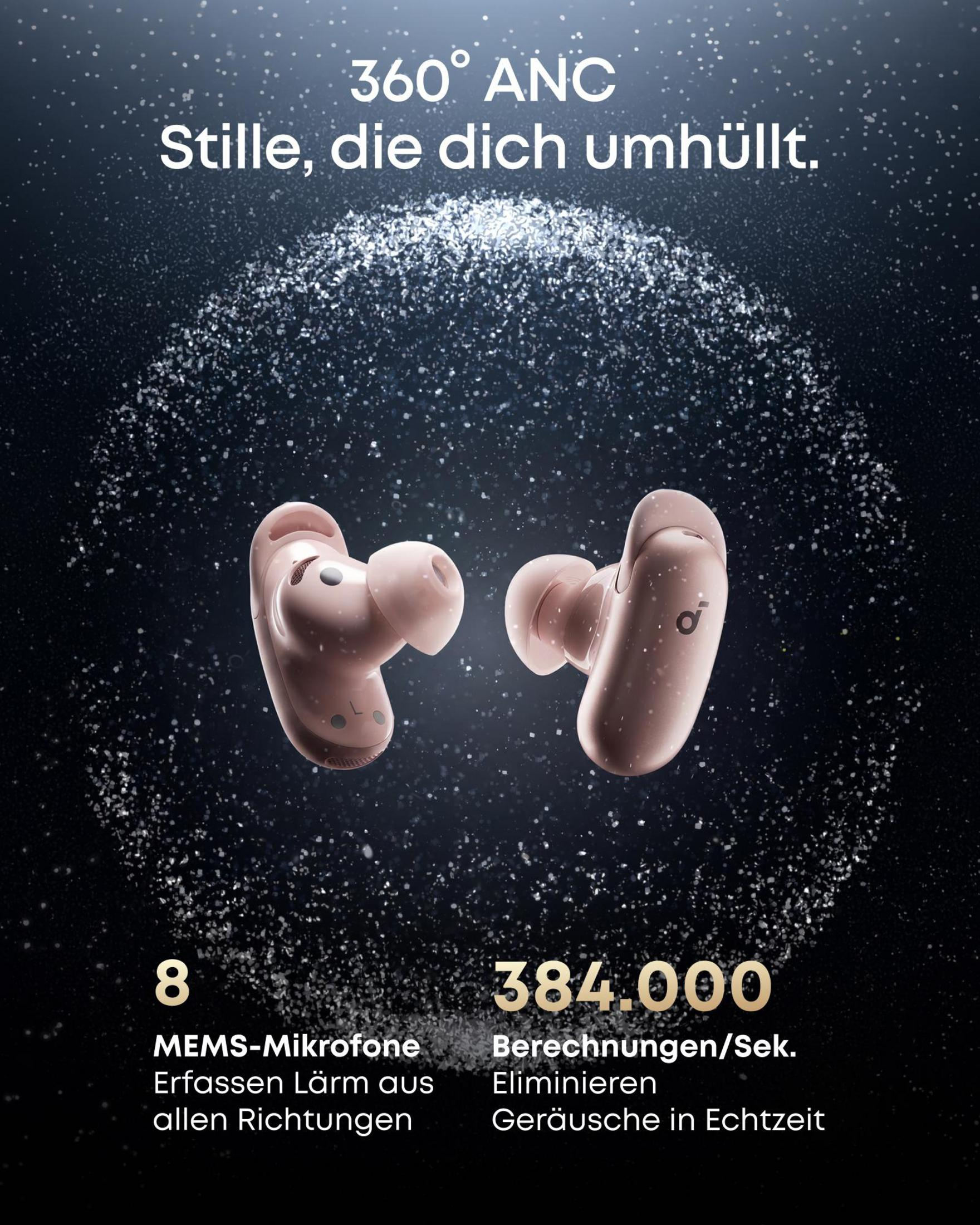 Dos auriculares inalámbricos rosas con tecnología ANC sobre fondo oscuro.