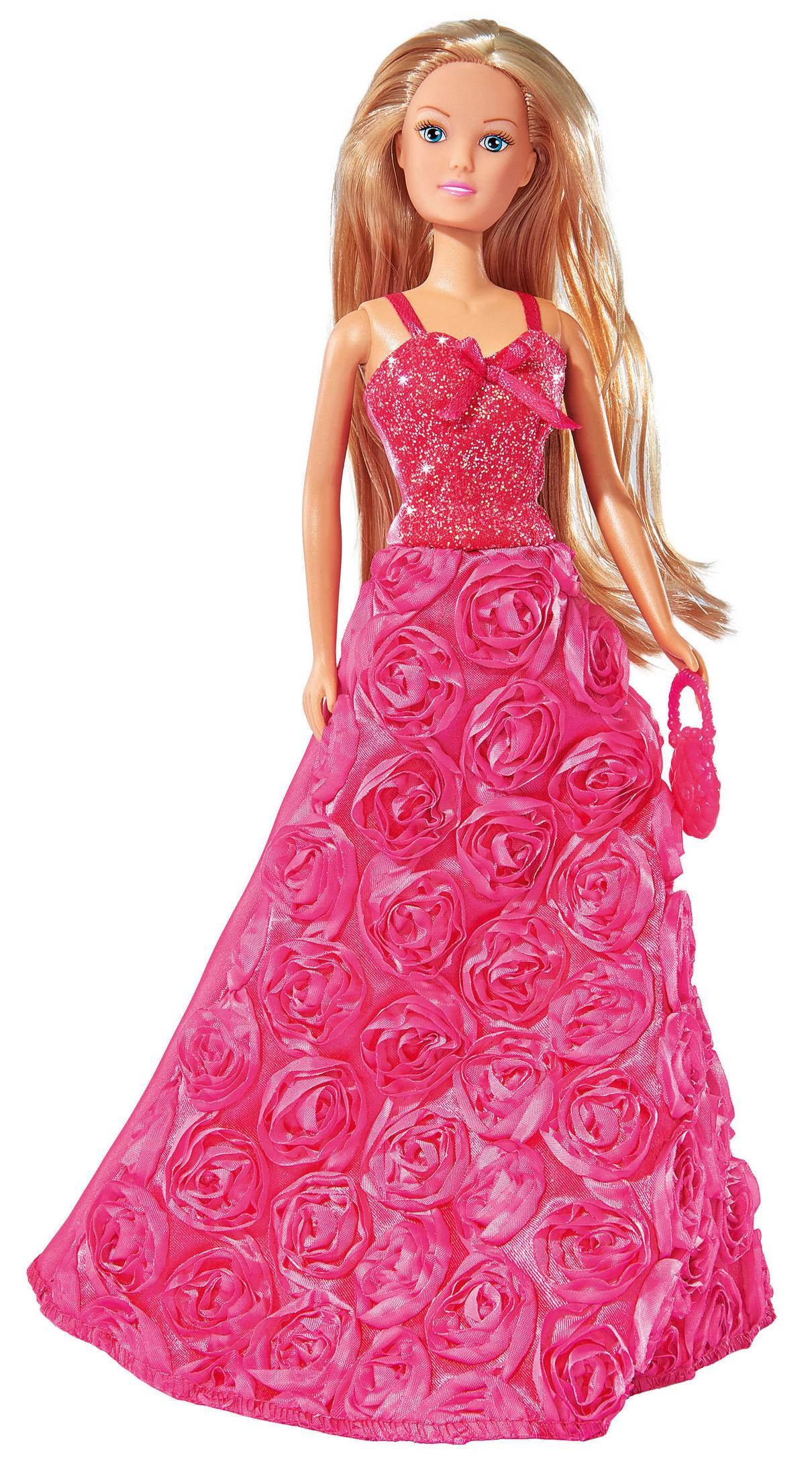 Eine Puppe mit langen blonden Haaren trägt ein glitzerndes rotes Oberteil und einen langen rosa Rosen-Ballkleid.