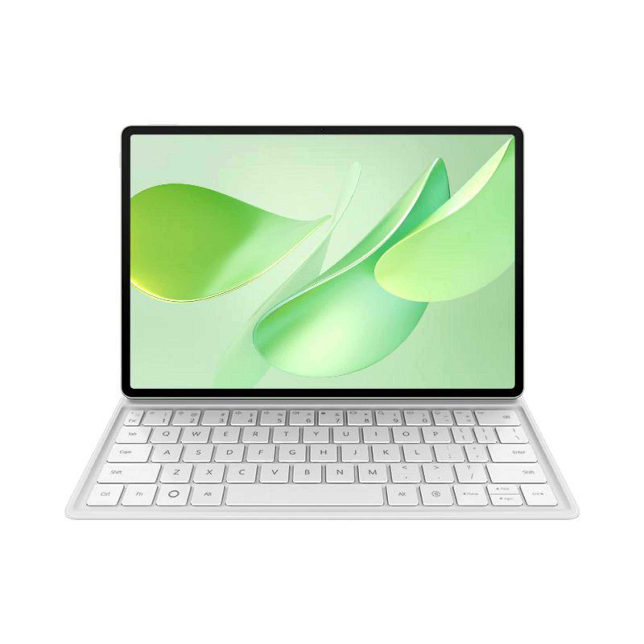 Ein silbernes Tablet mit einer weißen Tastatur und einem grünen Hintergrundbild.
