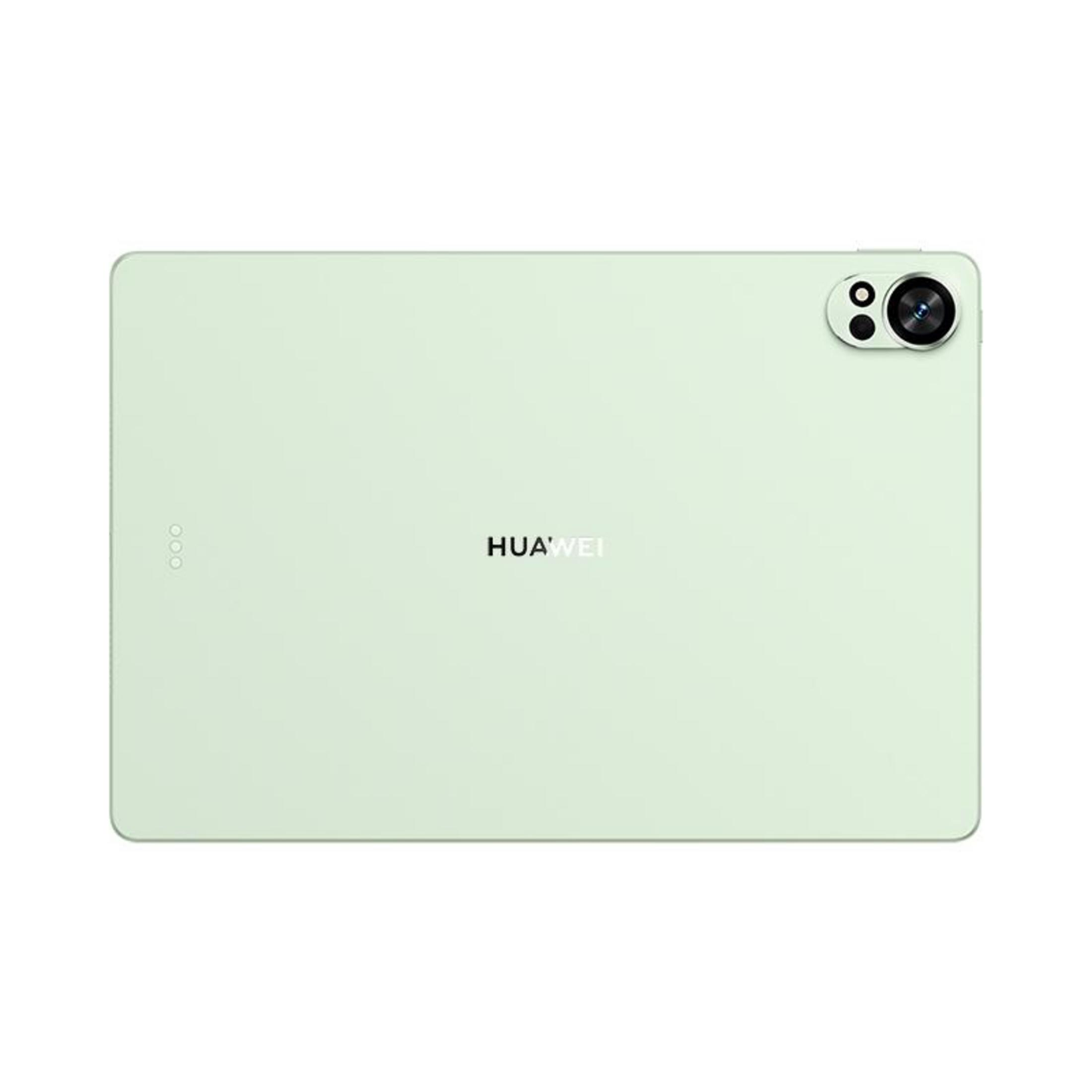 Eine hellgrüne Tablet-Rückseite mit zwei Kameras und dem Huawei-Logo.