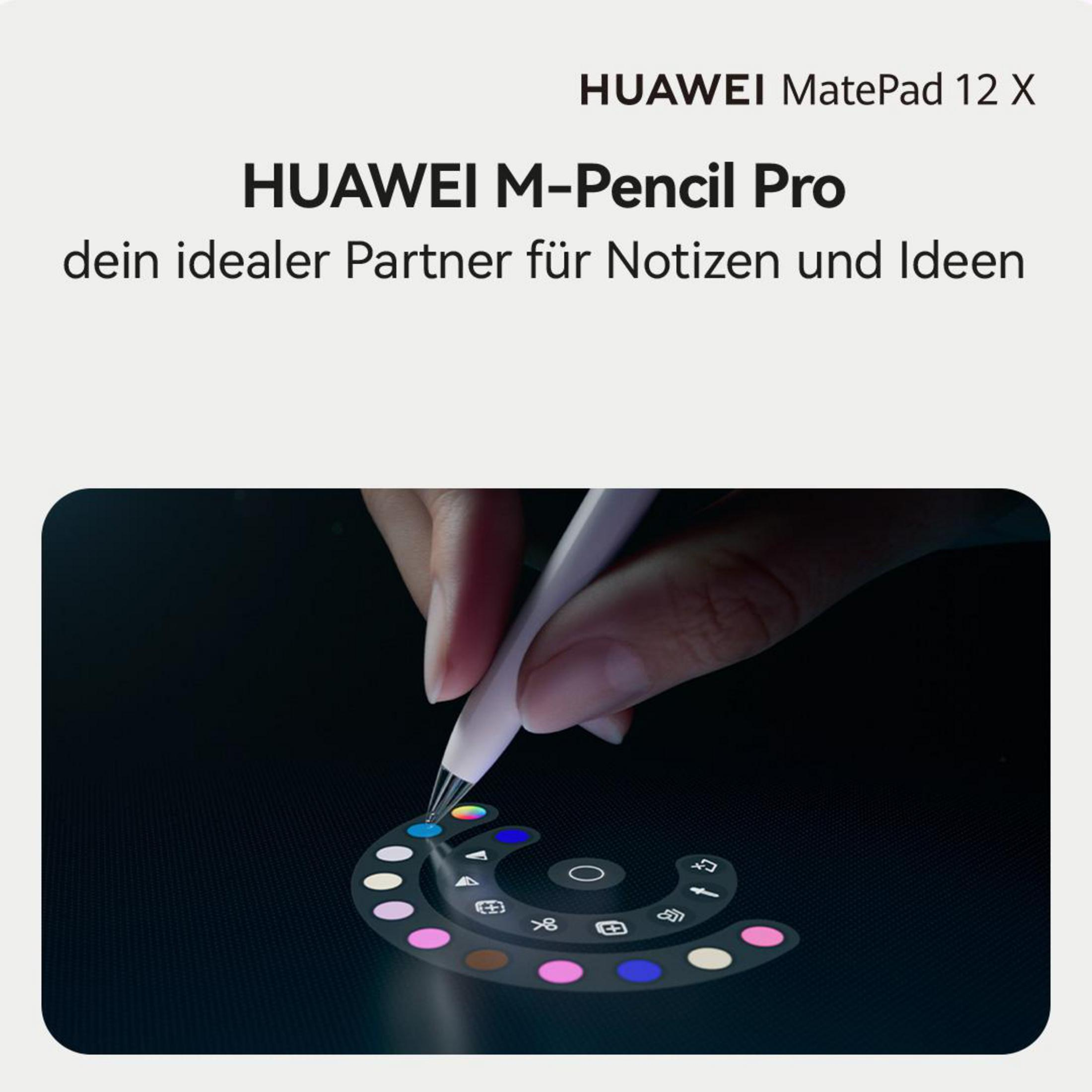 Eine Hand hält einen weißen Stift über einem dunklen Tablet mit Farb- und Symbolmenü.