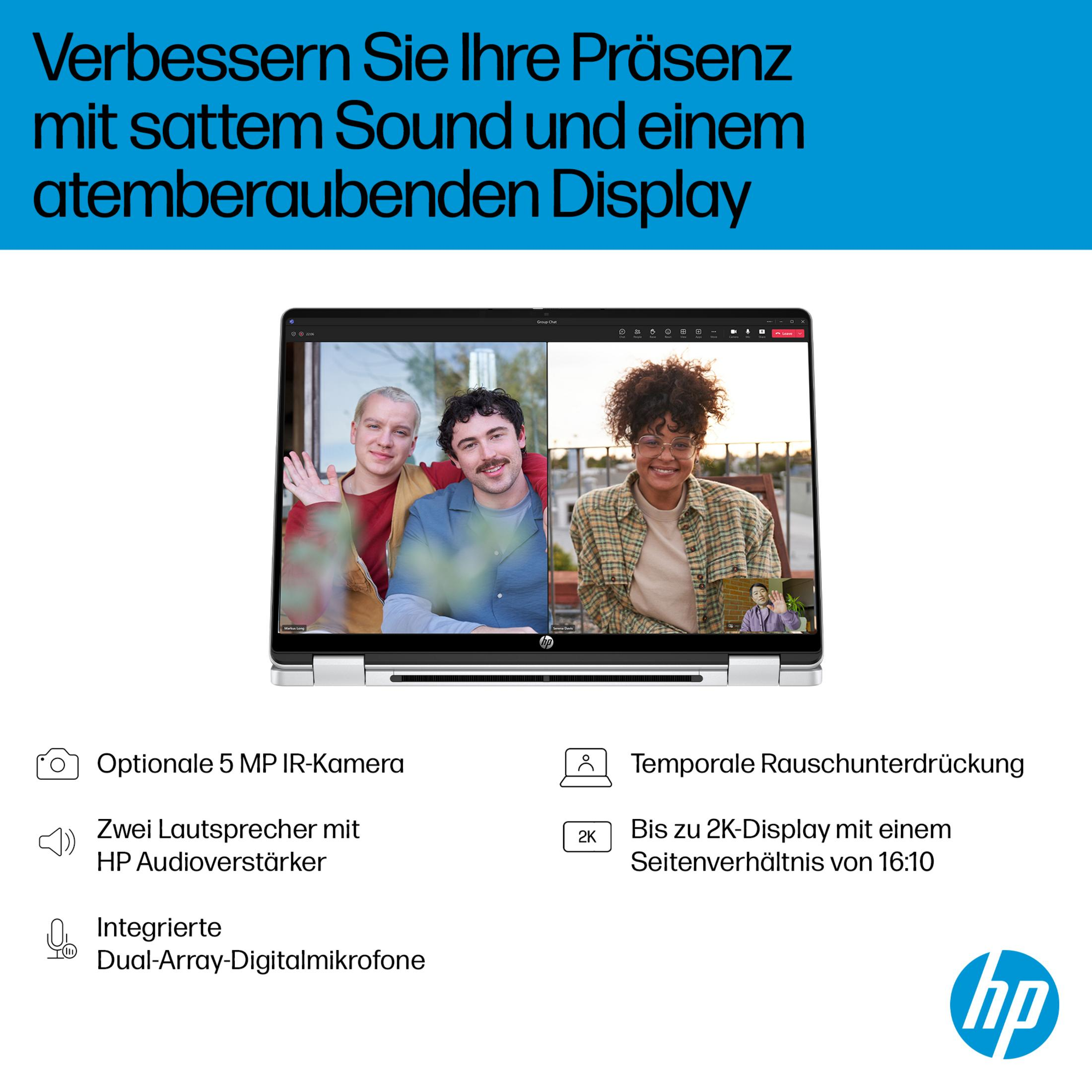 Laptop-Display zeigt Videokonferenz mit drei Personen und HP-Logo.