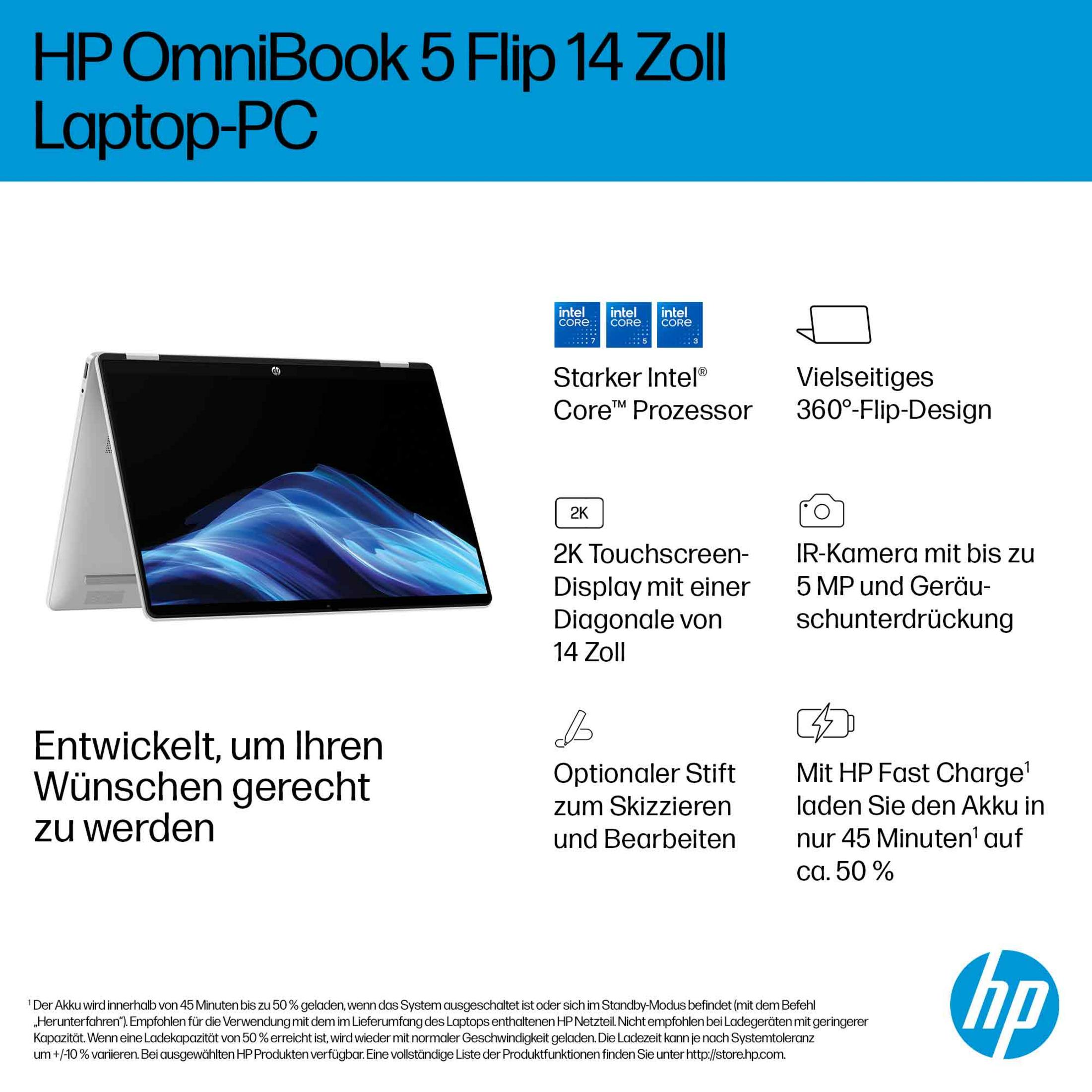 HP OmniBook 5 Flip 14 Zoll Laptop mit Intel Core i7, 5, 3 Prozessoren und 2K Touchscreen.