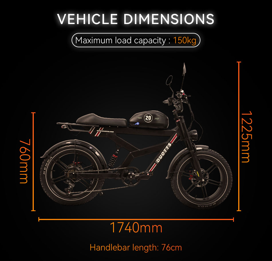 Schwarzes E-Bike mit Maßen: 1740mm L, 760mm H, 1225mm H. Max. 150kg.