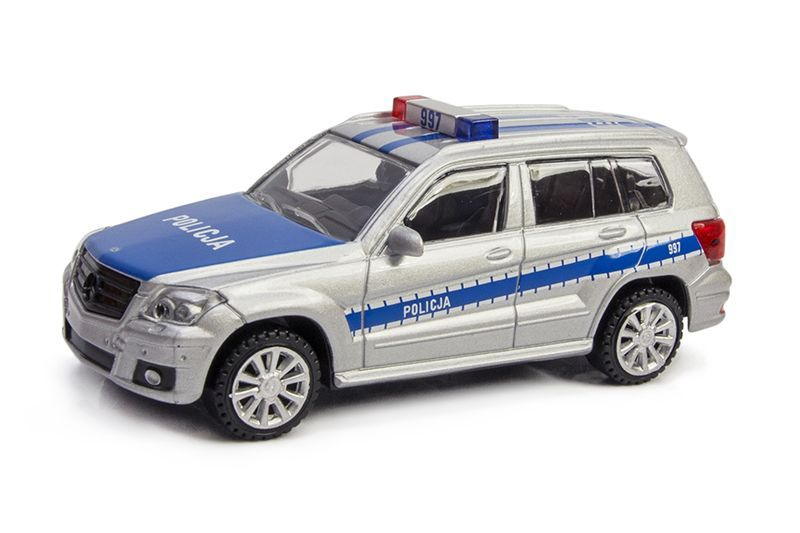Srebrny radiowóz-zabawka z niebieskimi pasami i sygnalizacją świetlną.