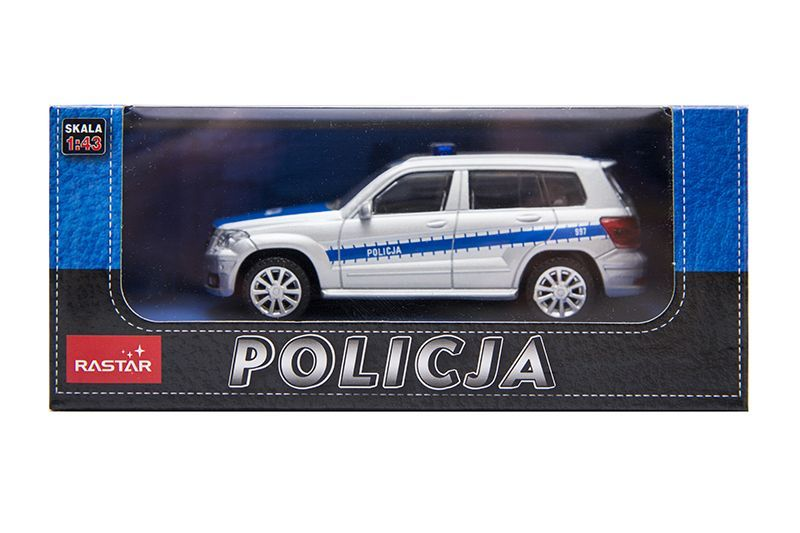 Biały samochodzik policyjny z niebieskimi pasami w opakowaniu.