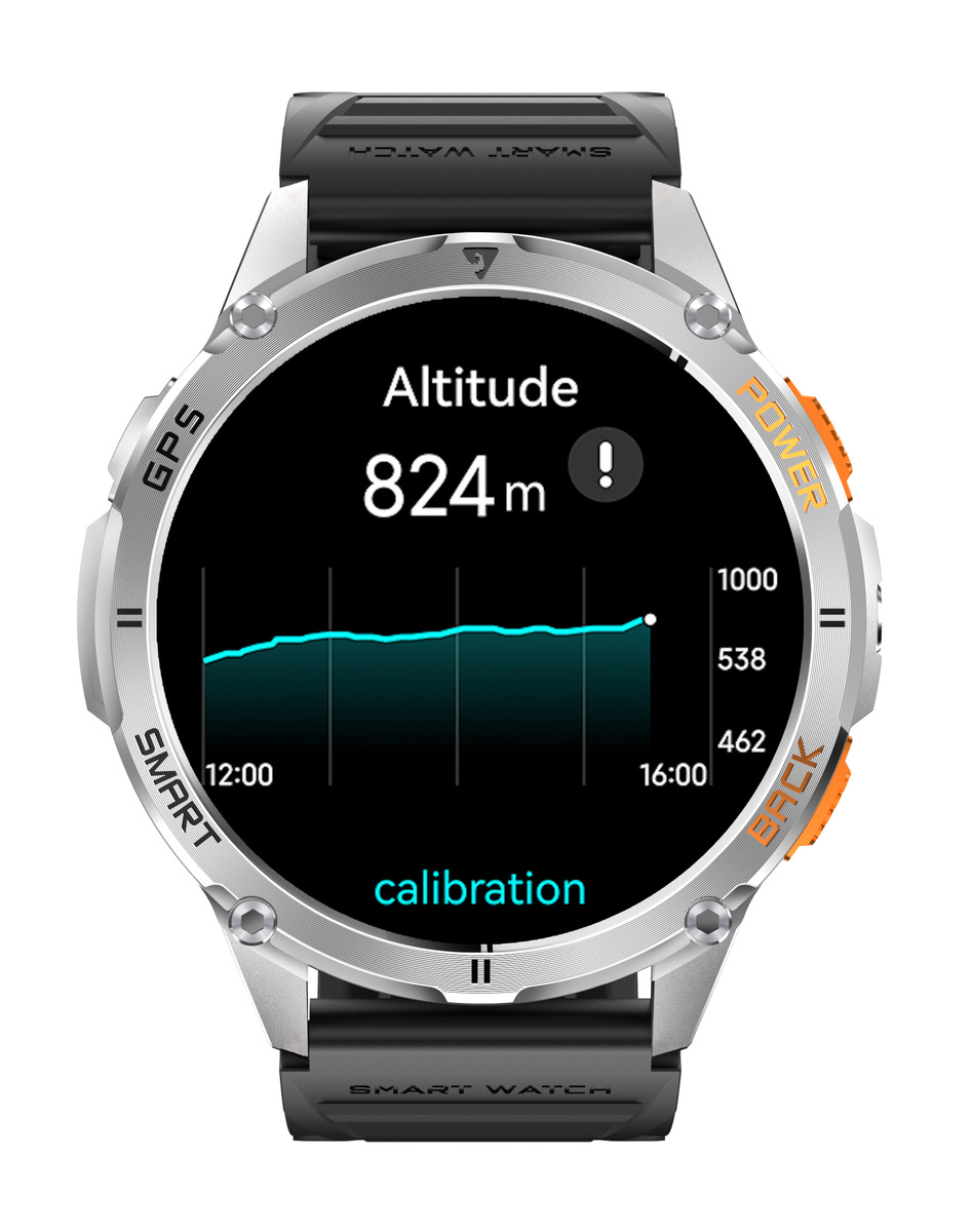 Smartwatch pokazuje wysokość 824m z wykresem i opcją kalibracji.