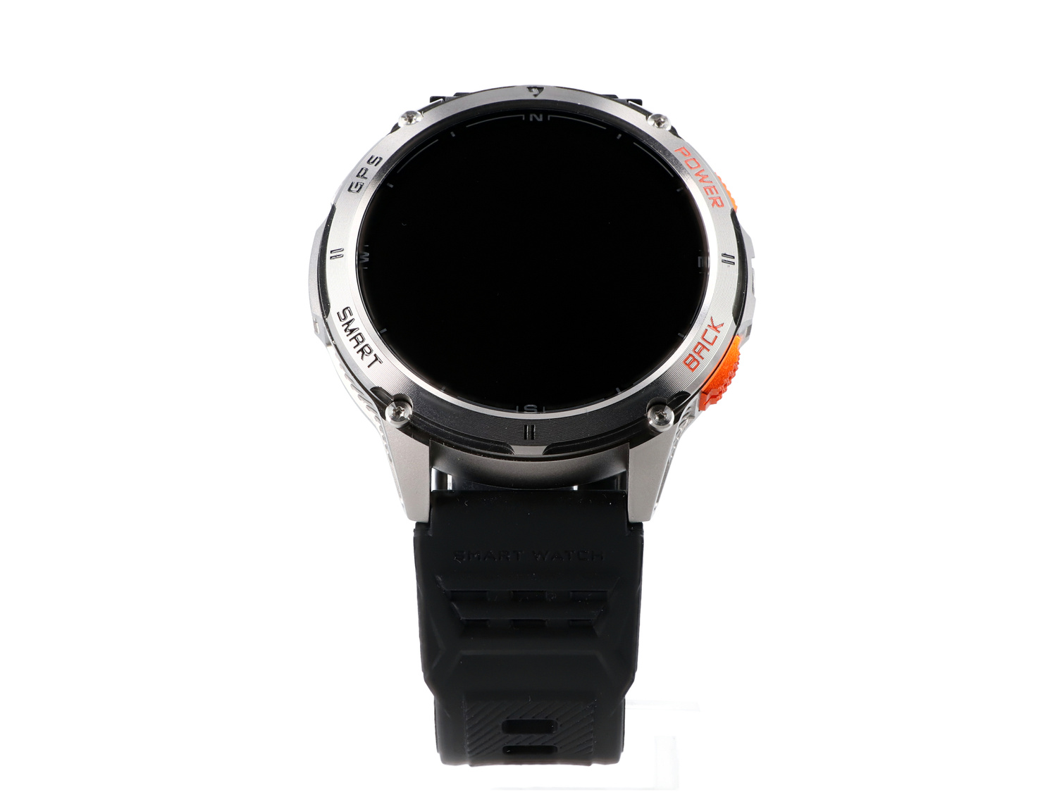 Srebrny smartwatch z czarnym ekranem i czarnym paskiem, ozdobiony pomarańczowymi przyciskami.