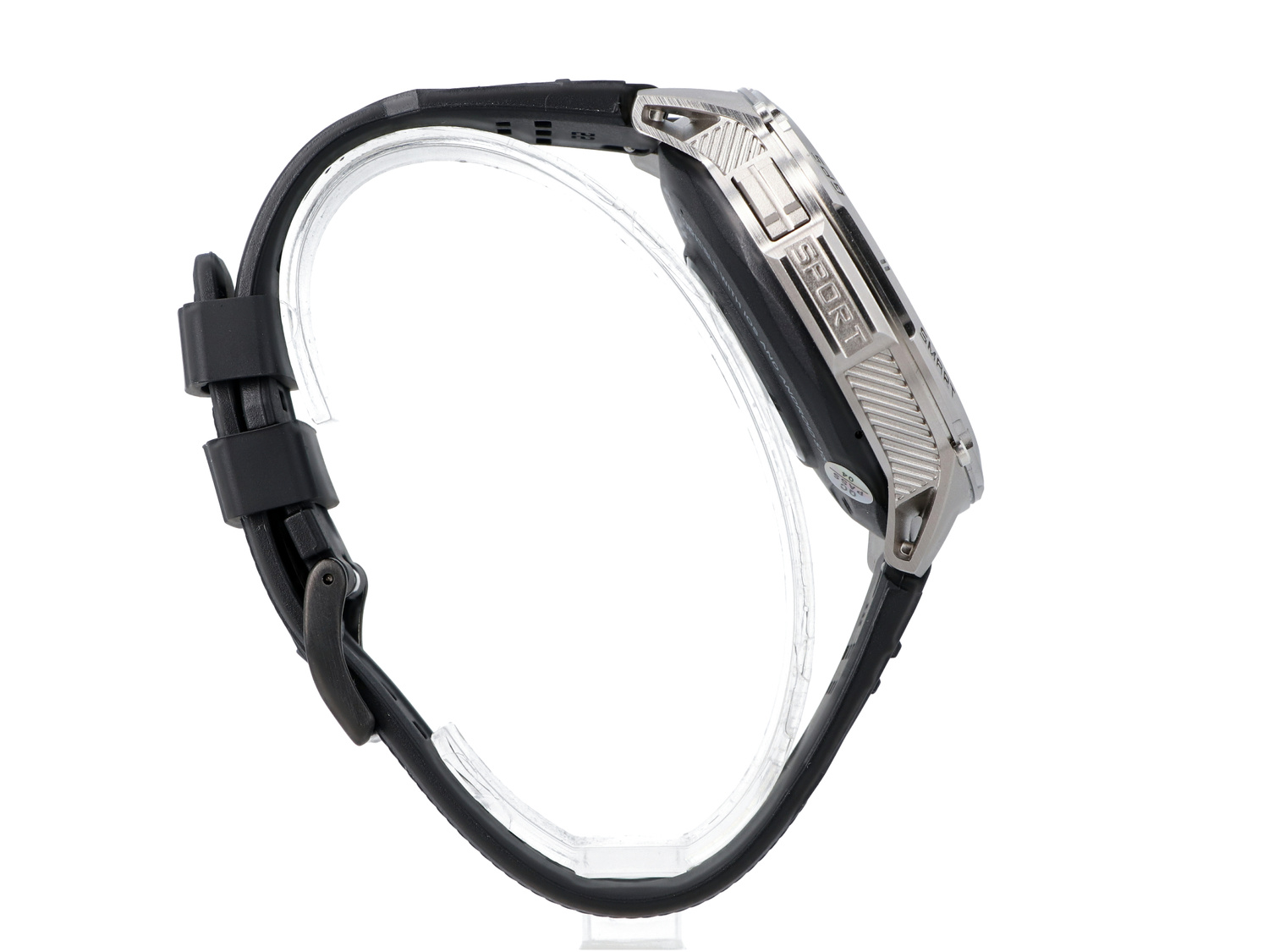 Srebrny smartwatch z czarnym paskiem, na stojaku.
