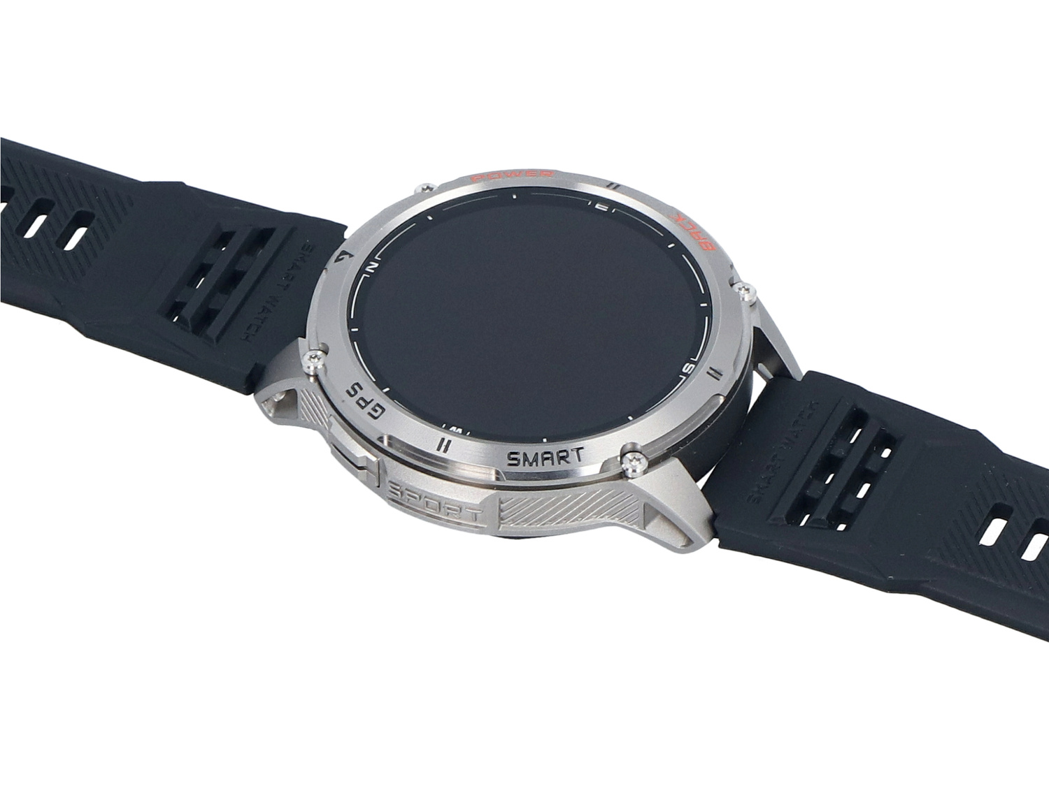 Srebrny smartwatch z czarnym paskiem, tekst GPS i Smart na bezelu.