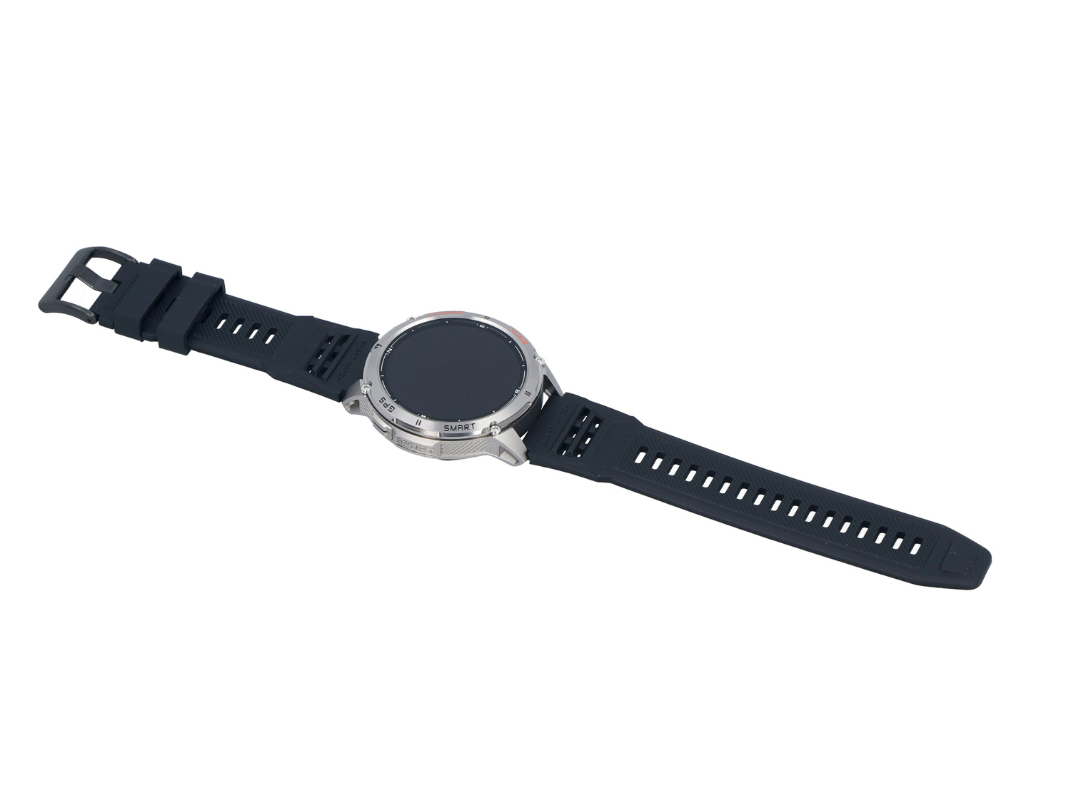 Czarny smartwatch z srebrną ramką i czarnym paskiem na białym tle.