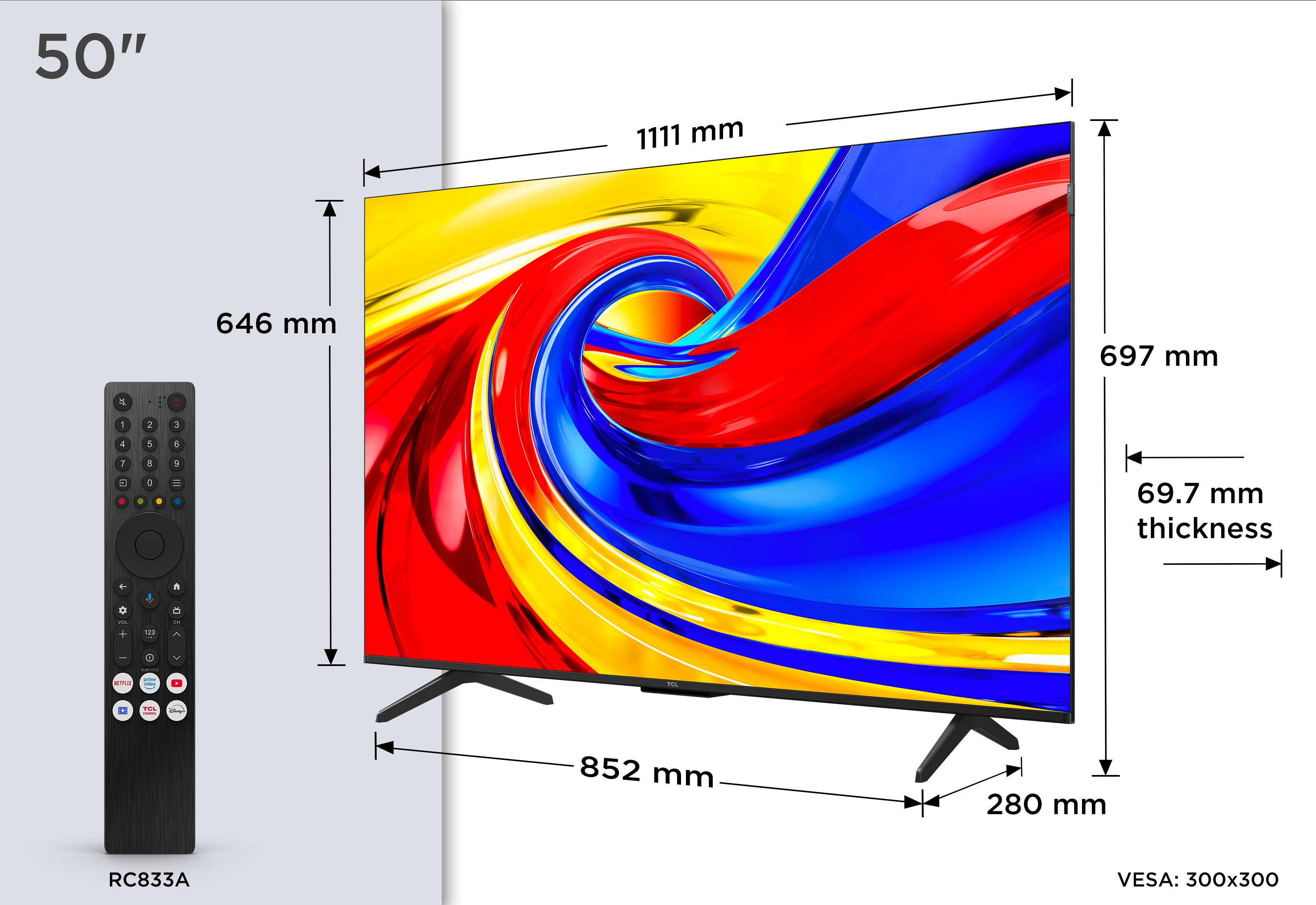 Una TV da 50 pollici con telecomando, vengono mostrate le dimensioni.