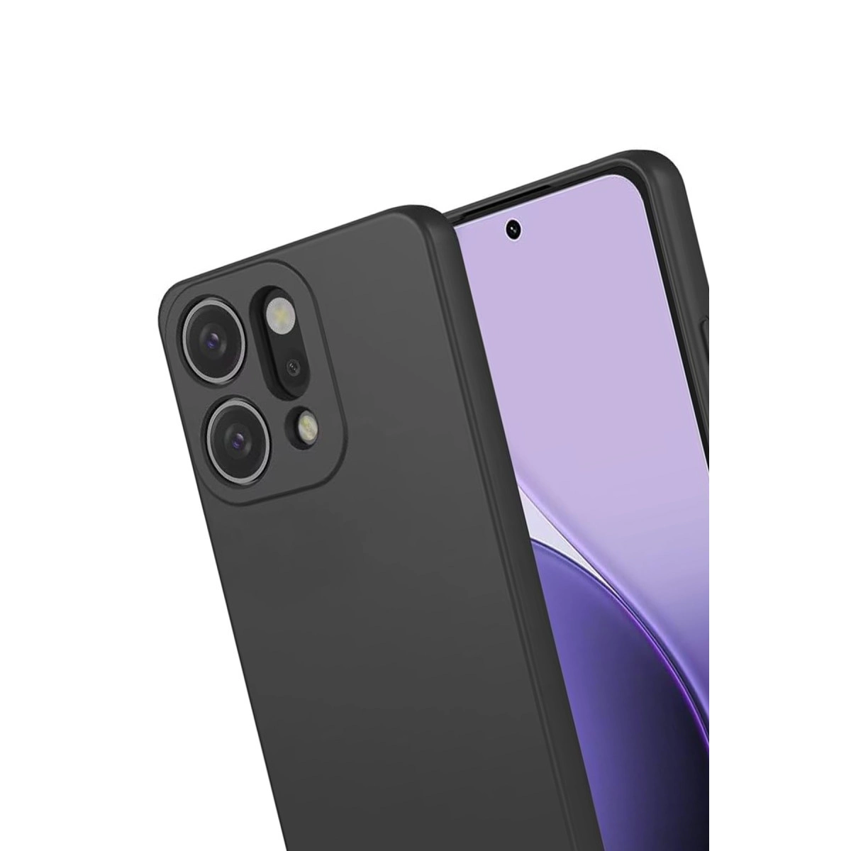 Üçlü kameraya sahip siyah telefon kılıfı, mor ekran, beyaz arka plan üzerinde.